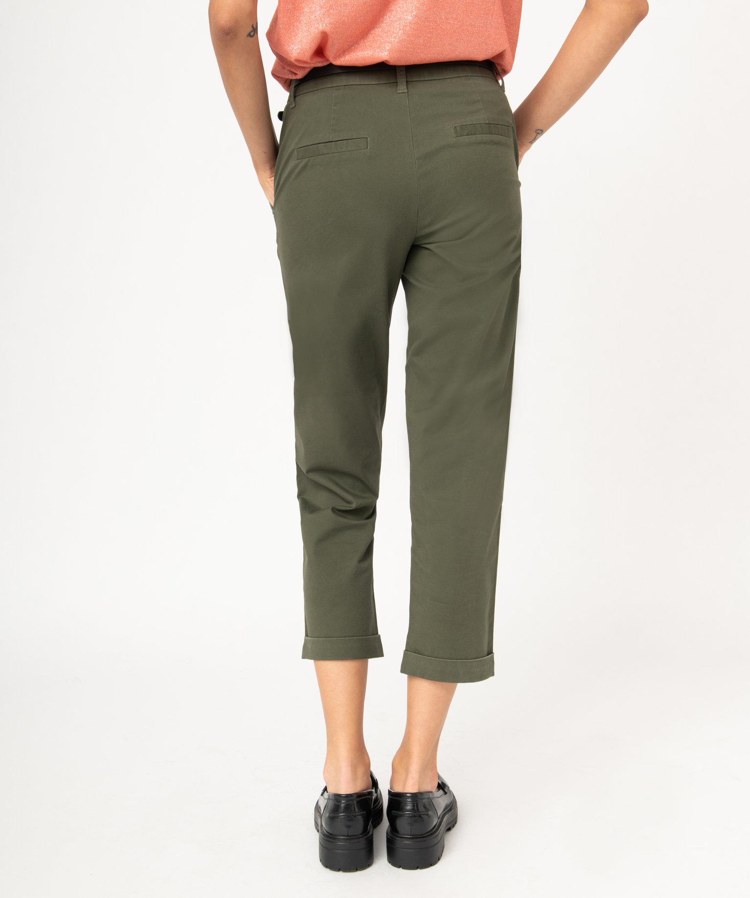 Pantalon 7/8ème en toile extensible avec ceinture femme kaki | GEMO