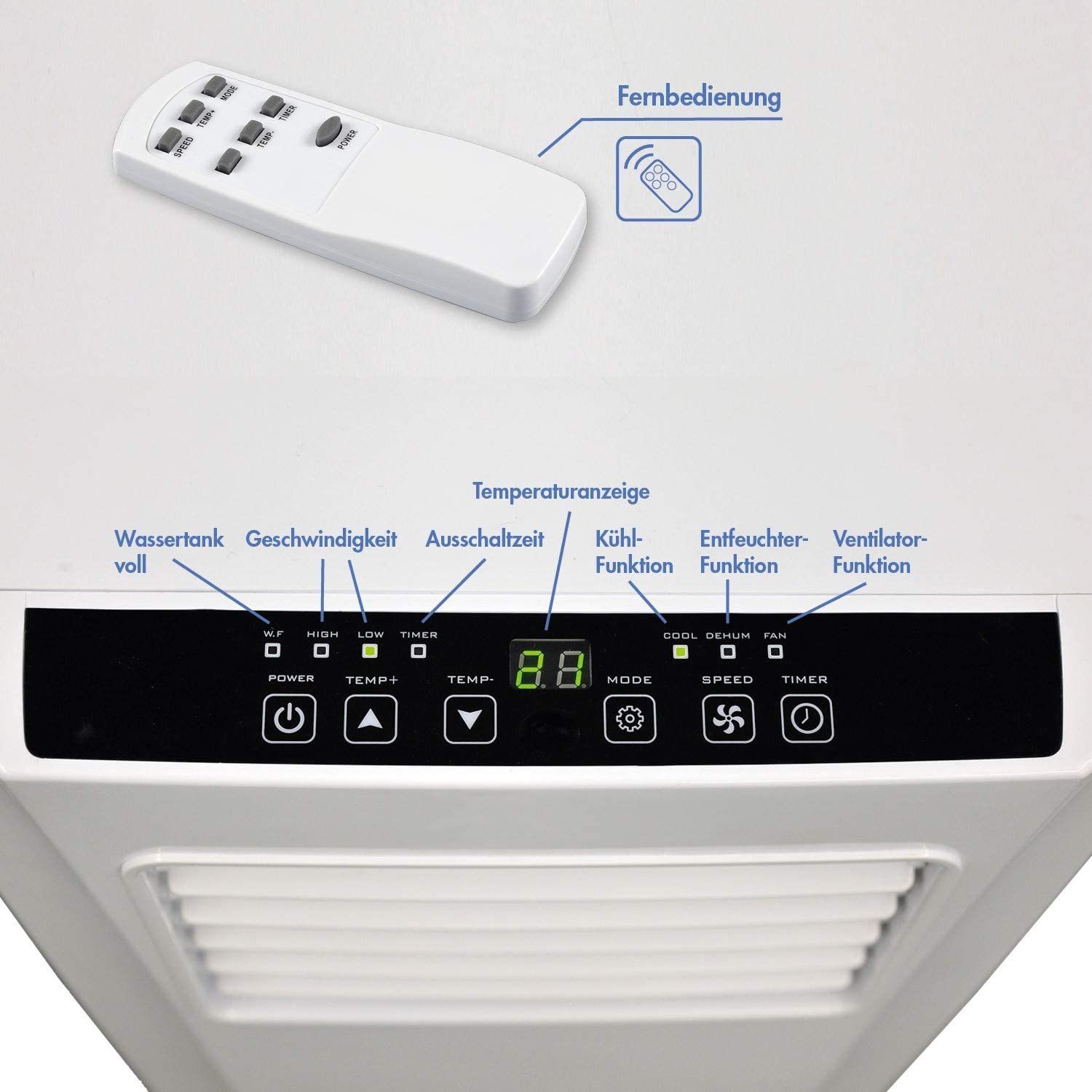 JUNG 3-in-1-Klimagerät TV05 mobile Klimaanlage mit Fernbedienung 3,2 KW, mobiles Klimagerät, 11000BTU leise, Abluftschlauch, Timer Airconditioner Luftkühler Mobil