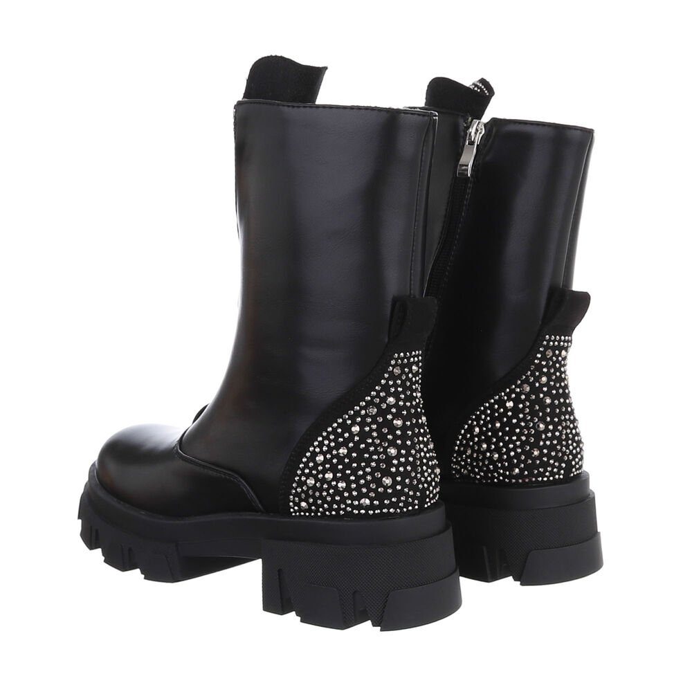 Ital-Design Damen Bikerschuhe Biker Westernstiefelette Blockabsatz Plateaustiefeletten in Schwarz
