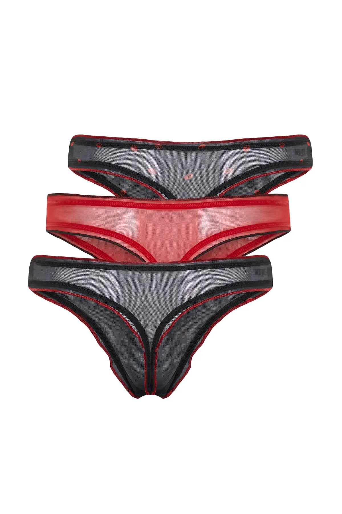 Trendyol Collection  Schwarz-Mehrfarbiges 3er-Pack gestrickter Tanga-Höschen mit Tüll-Print THMSS24KU00002