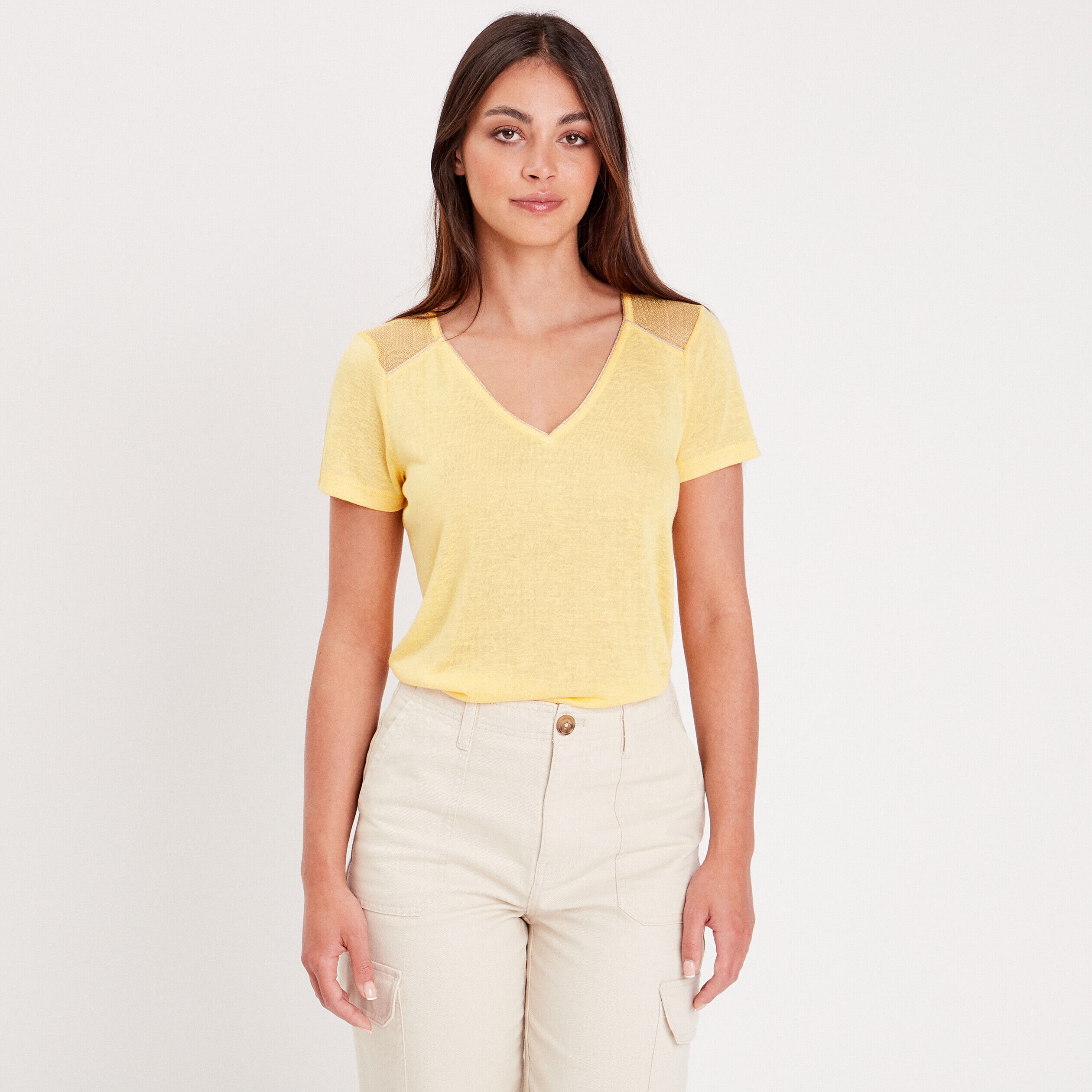 T-shirt manches courtes jaune pastel femme | Cache Cache