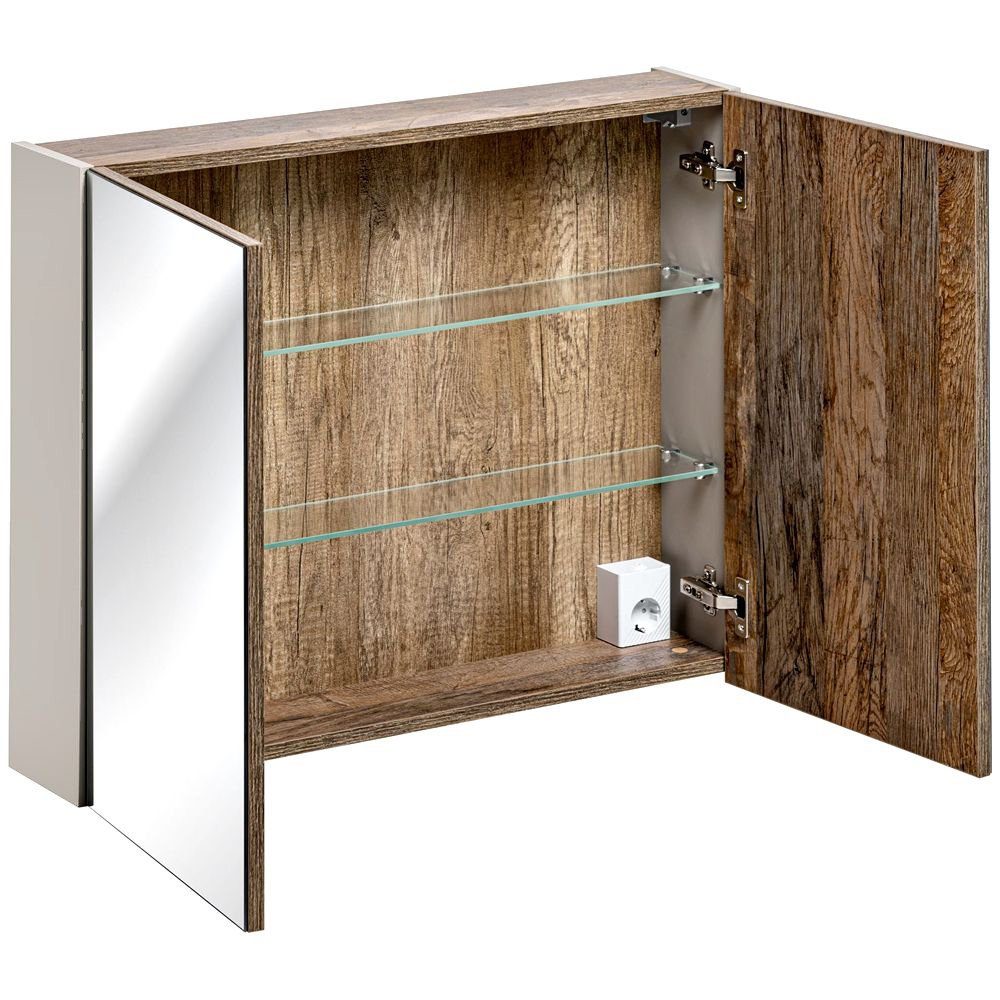 Lomadox Spiegelschrank PUEBLA-56-TAUPE 80cm mit LED in taupe mit Vintage Oak Nb. B/H/T ca. 80/65-75/17 cm