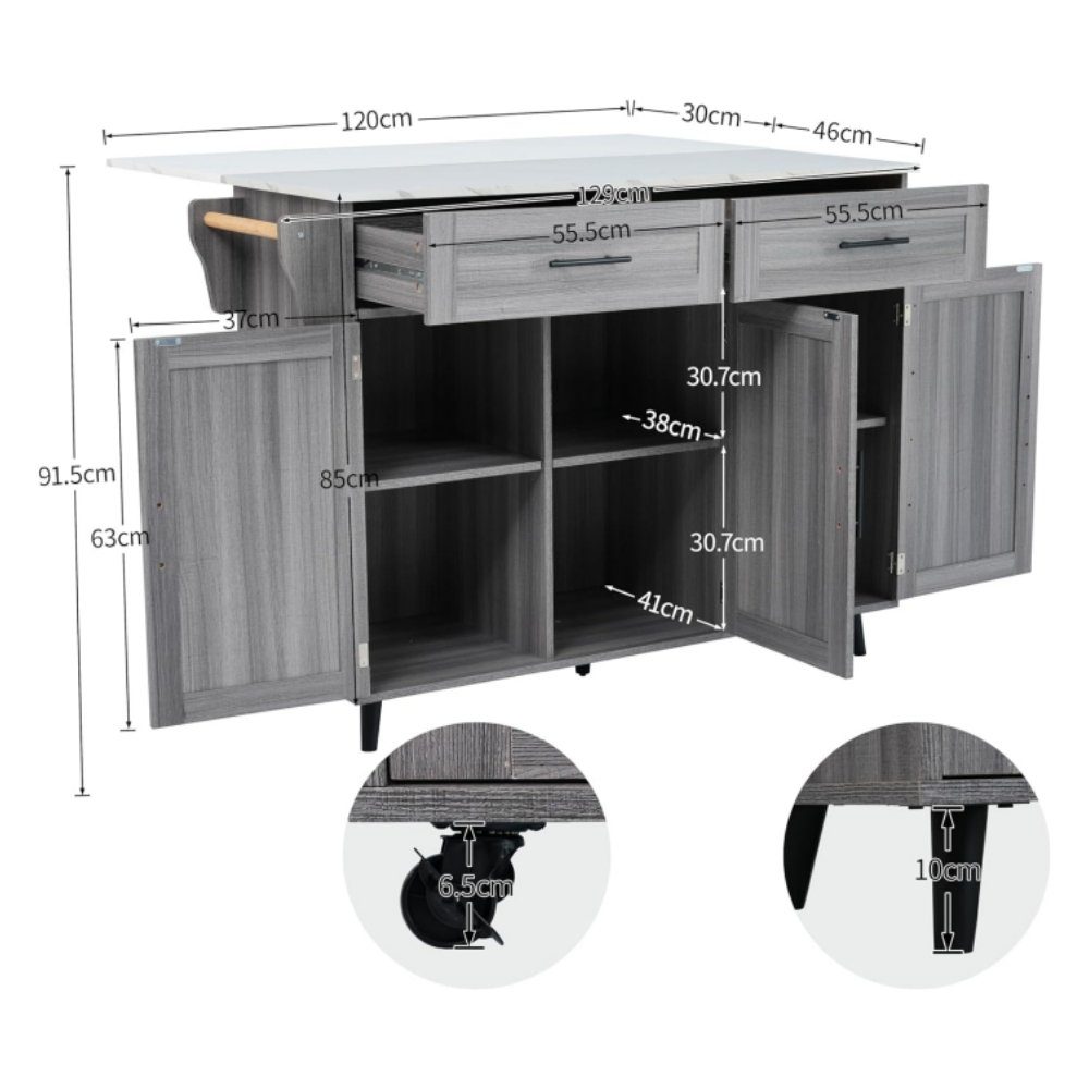 BlingBin Sideboard Speisewagen Faltbare Arbeitsplatte mit Massivholzmaserung + Schrank (1er Set, 1 St., Sideboard), Aufbewahrungstür-Design/Räder/Massivholzfüße umschaltbar