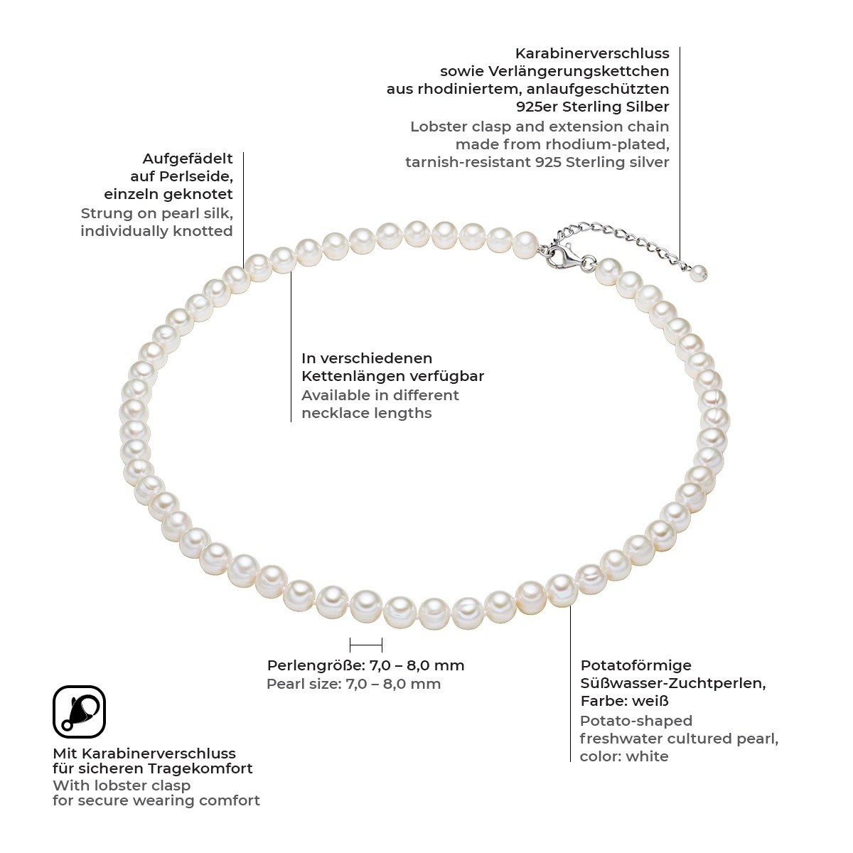 Perlen-Kette Sterling Silber Süßwasser-Zuchtperle in Silber