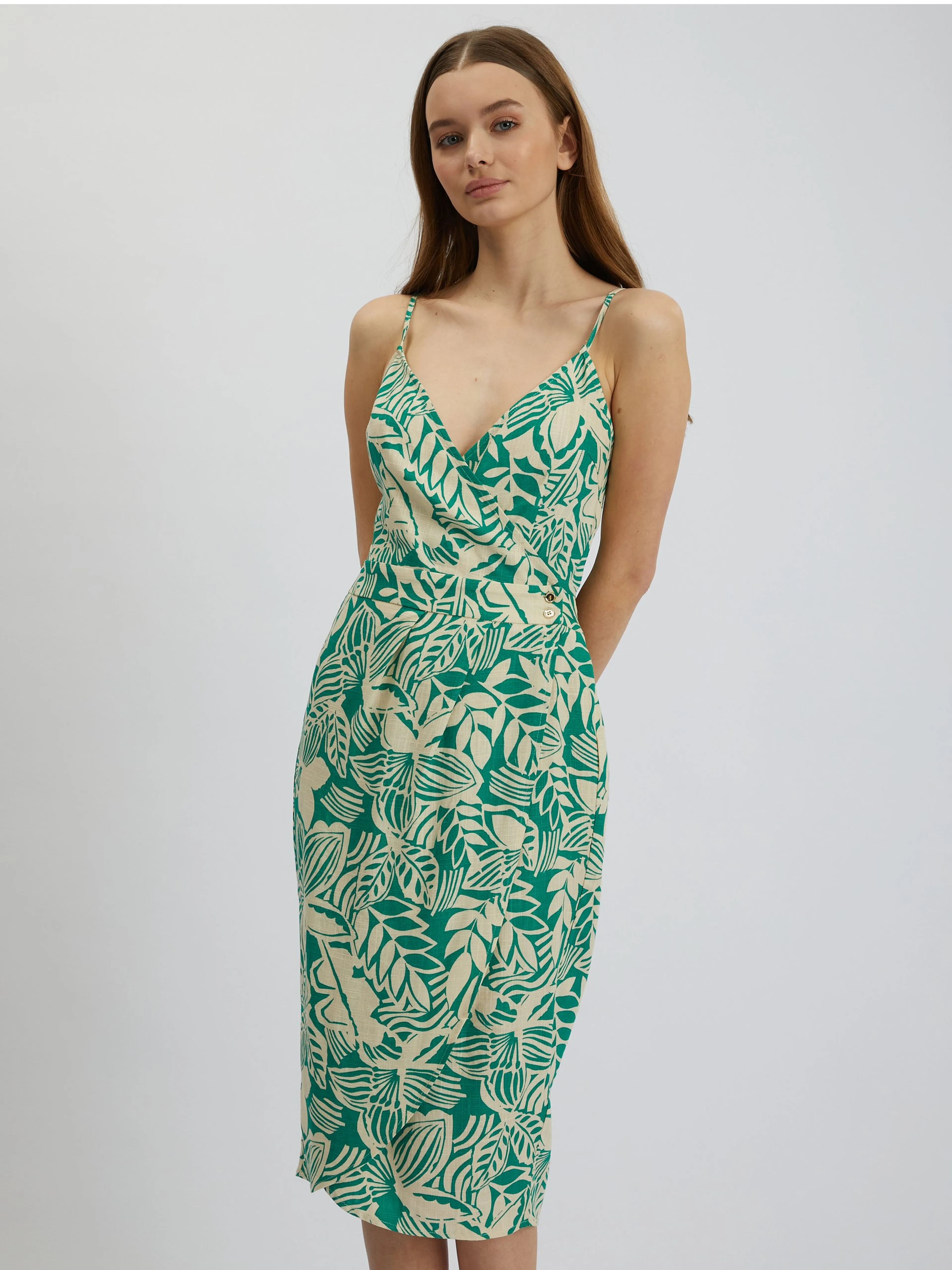 Cremefarbenes und grünes gemustertes Damen-Midikleid aus Leinen ORSAY