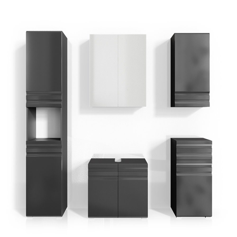 Vicco Badmöbel-Set Badezimmerset FREDDY Nussbaum / Anthrazit Hochglanz Set 5, (5-er Set, 5-St., 4-er Set)