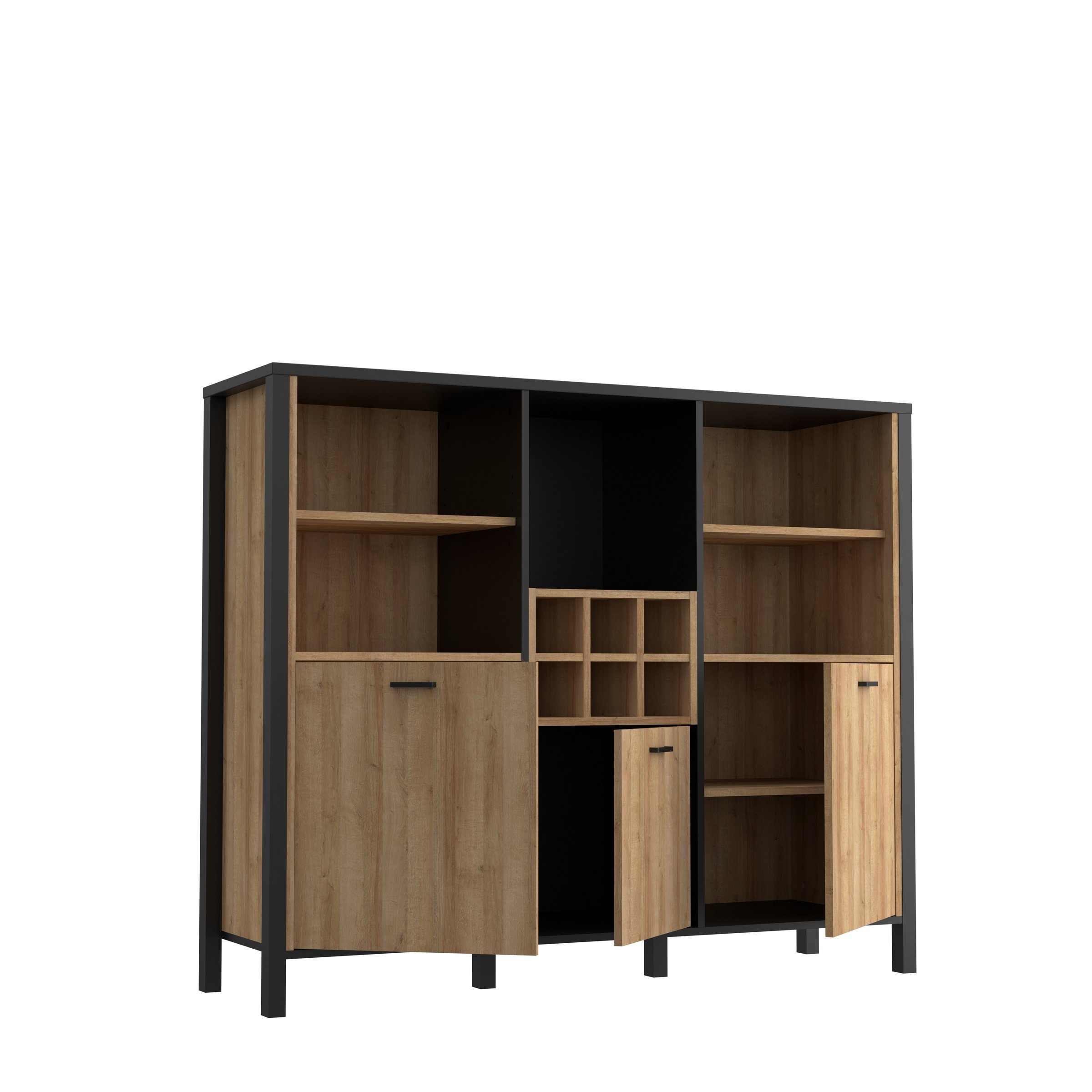 möbelando Barschrank Hialeah Barschrank im Industrial-Design aus Spanplatte in Riviera Eiche Nachbildung, Gestell in Schwarz mit 3 Holztüren, 4 Einlegeböden, 6 Flaschenfächern und 5 offenen Fächern. Breite 139,4 cm, Höhe 117,1 cm, Tiefe 40,2 cm