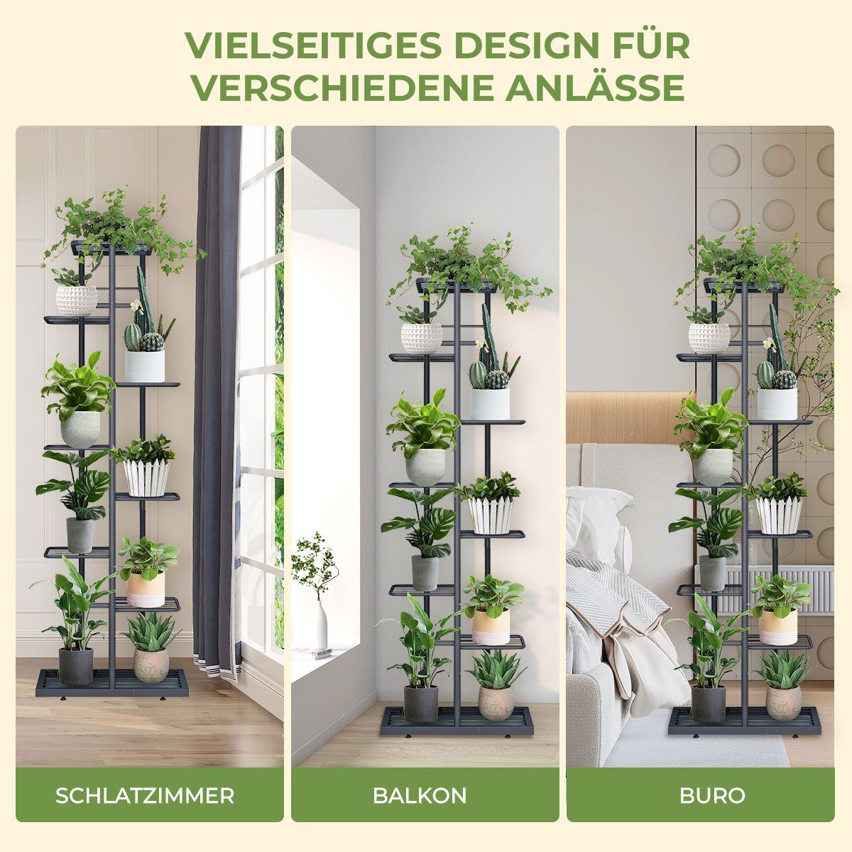 MULISOFT Blumenständer (Innen-Außen Metall Blumentreppe, Pflanzen Regal Blumenregal), Schwarz, Höhe 145cm, für Garten oder Balkon