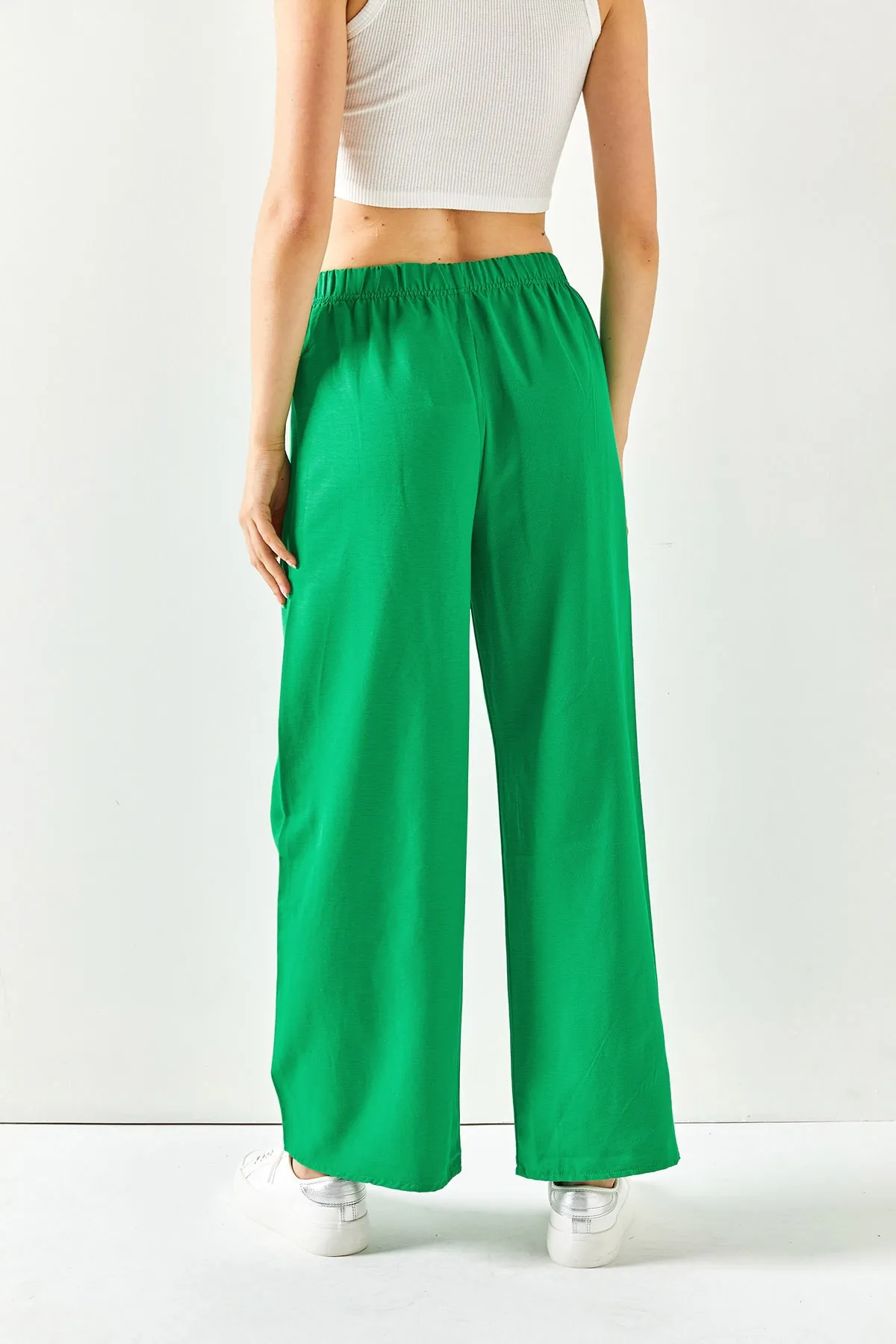 Olalook  Grasgrüne Palazzo-Leinenhose mit elastischem Bund und Schnürung für Damen PNT-19000219