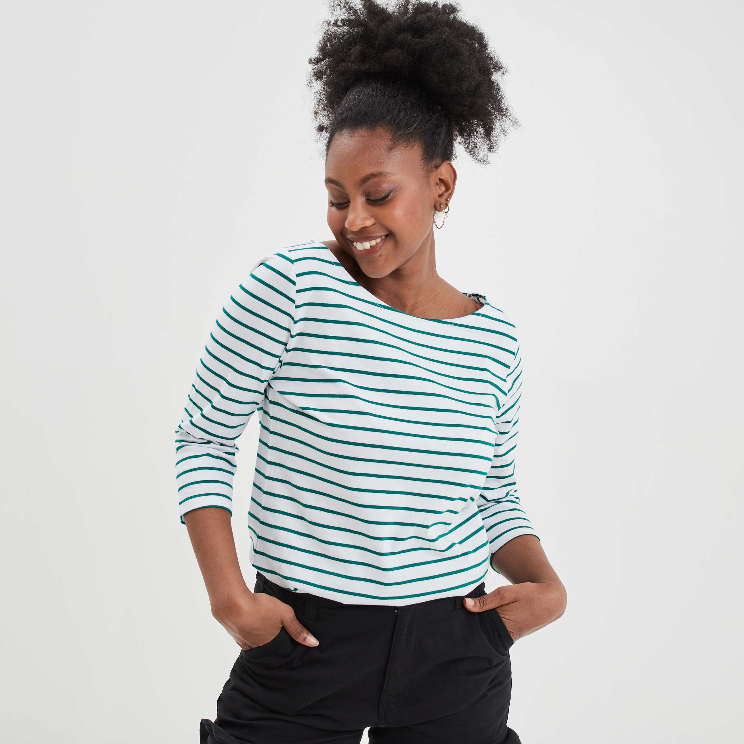T-shirt manches 3 4 col bateau coton vert femme | La Halle