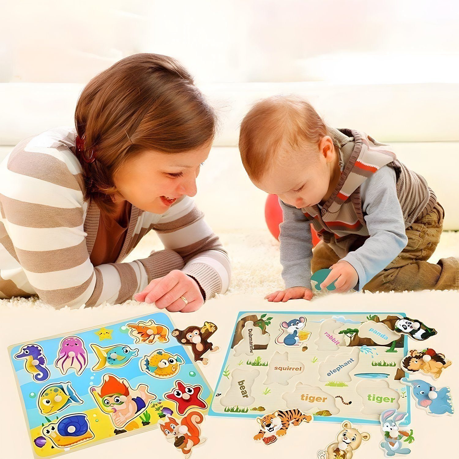 LBLA Lernspielzeug Dino, Fahrzeug, Bauernhof, Zoo, Meer, Obst Holzpuzzle (6er Set), Puzzlespiel, Steckpuzzle, Holzspielzeug für Kinder, Weihnachtsgeschenk