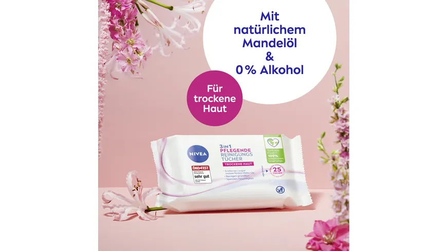 NIVEA 3in1 Pflegende Reinigungstücher Trockene Haut 25 Tücher
