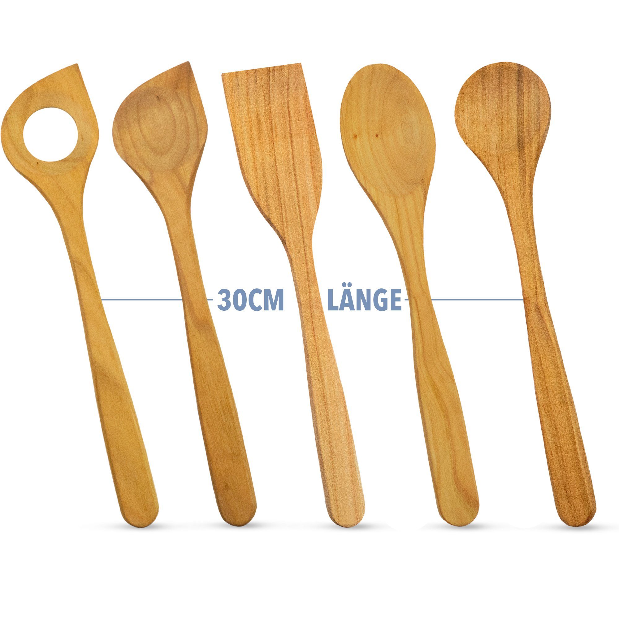 SOHFA Kochlöffel Kirschholzlöffel 5er Set aus hochwertigem europäischen Holz - 30cm, Kirschholz