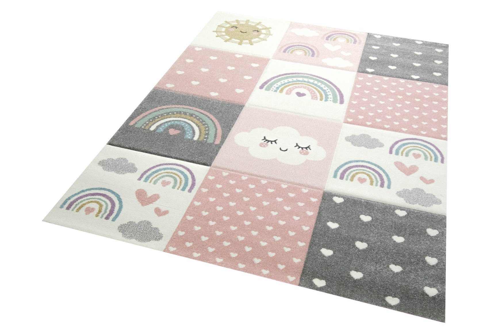 Kinderteppich Kinderzimmer Teppich Spielteppich Regenbogen Punkte Herzchen Wolken rosa creme grau, Teppich-Traum, rechteckig, Höhe: 13 mm
