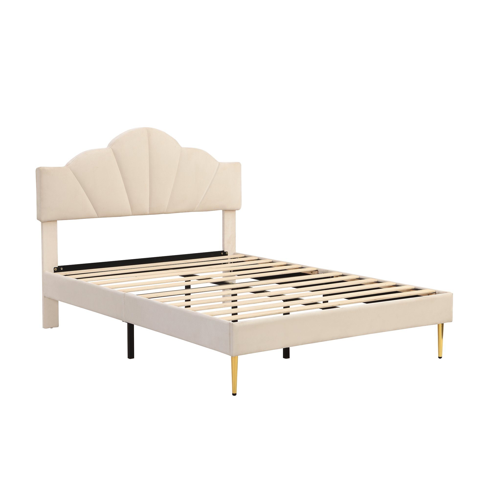 OKWISH Polsterbett muschelartiges Bett (140 X 200 CM Ohne Matratze), Höhenverstellbares Kopfteil,Bett mit goldenen Eisenbeinen