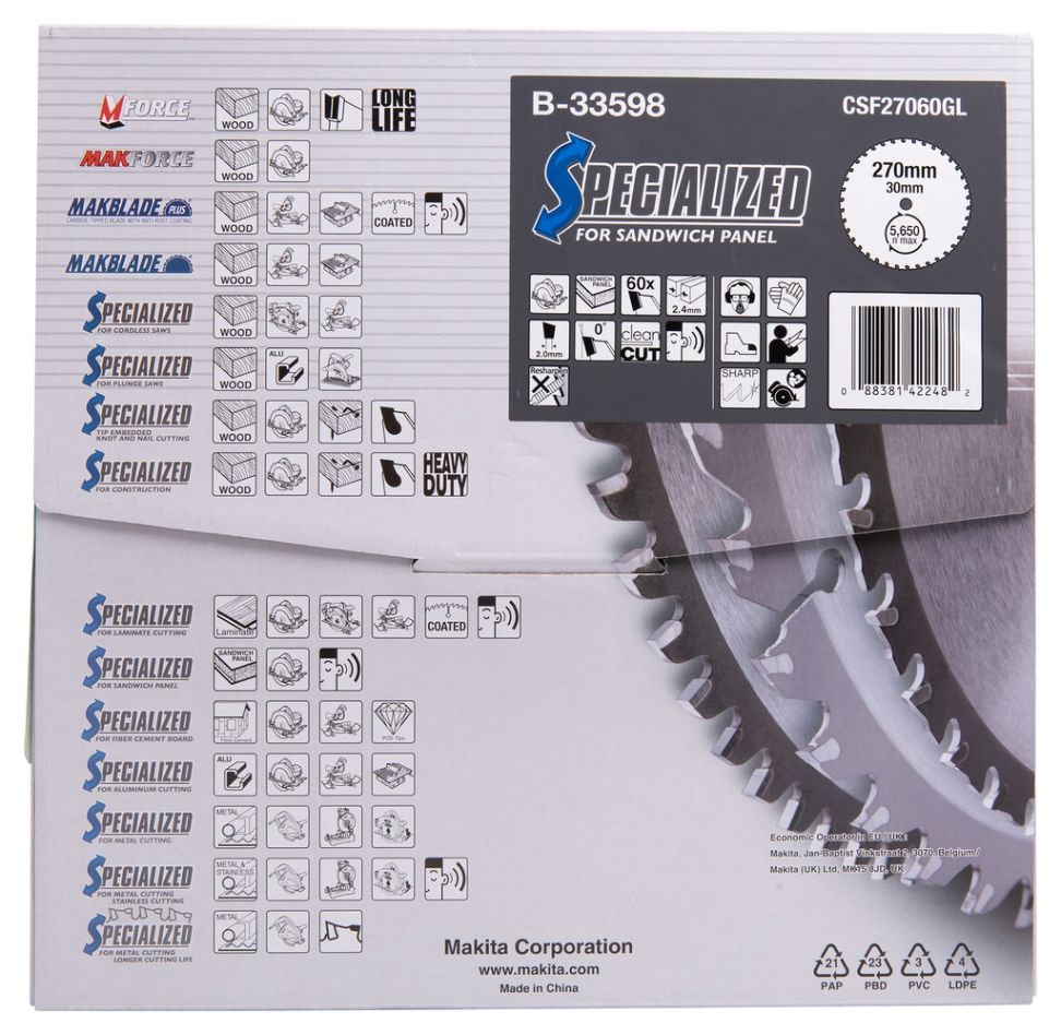Makita pribor B-33598 Kružna pila Specialized Sendvič ploča SMTCG 270 x 30 x 2,4 mm T60