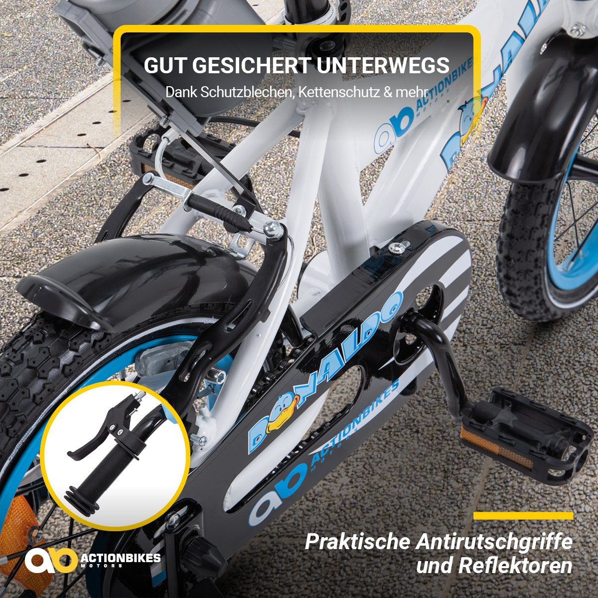 Actionbikes Motors Kinderfahrrad Kinder Fahrrad BMX Donaldo inkl. Korb - weiß / blau, 1 Gang, ohne Schaltung, (12 Zoll, ab 95 cm Körpergröße, max. Zuladung 35 kg, abnehmbare Stützräder, Klingel, Trinkflasche inkl. Halterung, Reflektoren, Antirutschgr