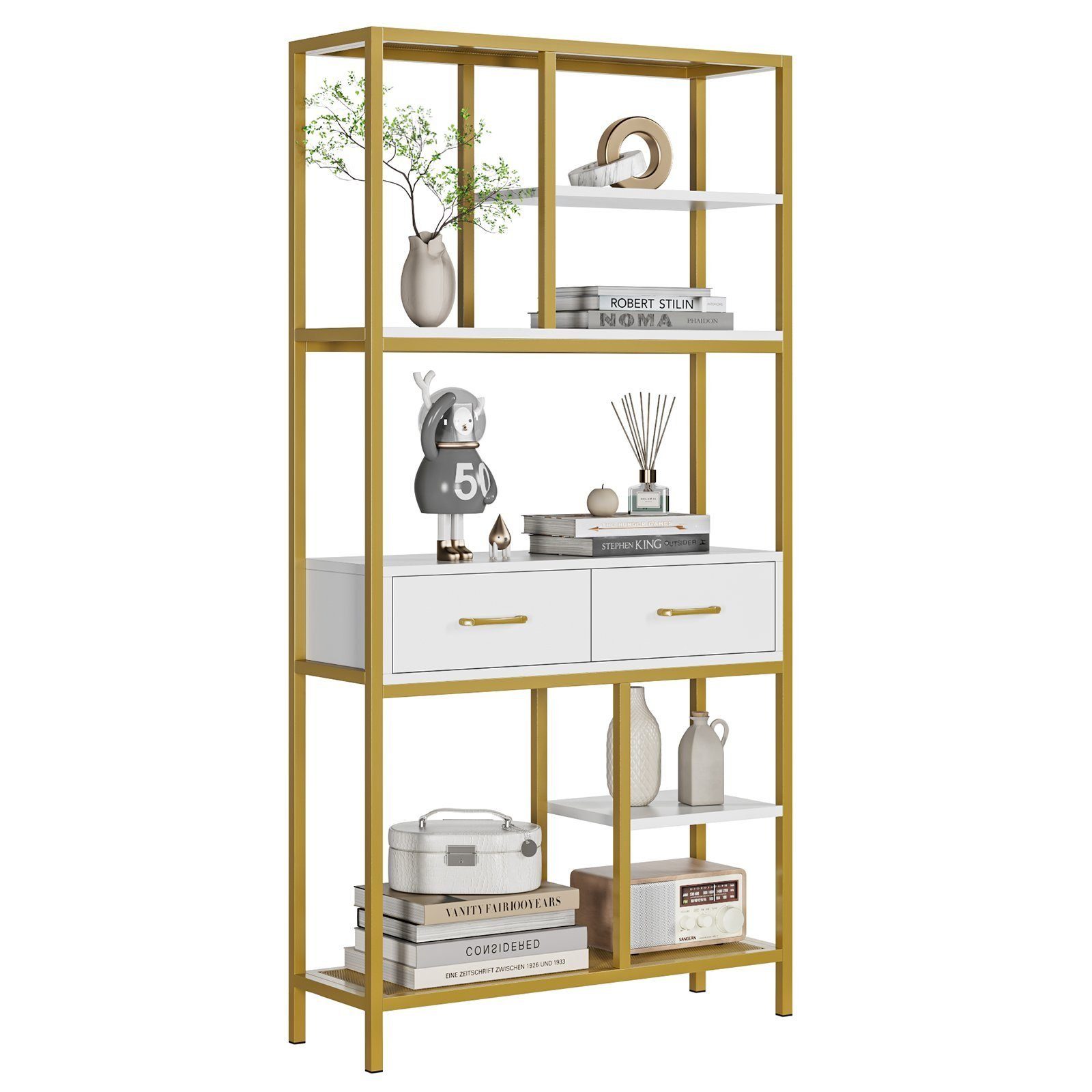 HOMECHO Bücherregal, Standregal mit Schubladen und Ablagen stabil 90x30x180cm