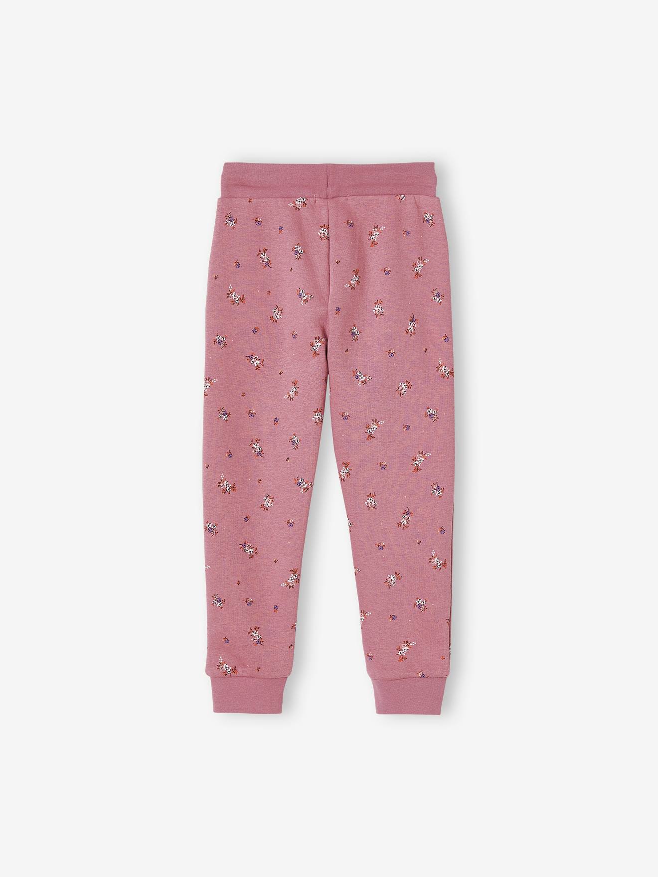 Pantalon jogging imprimé fleurs fille en molleton bleu foncé imprimé