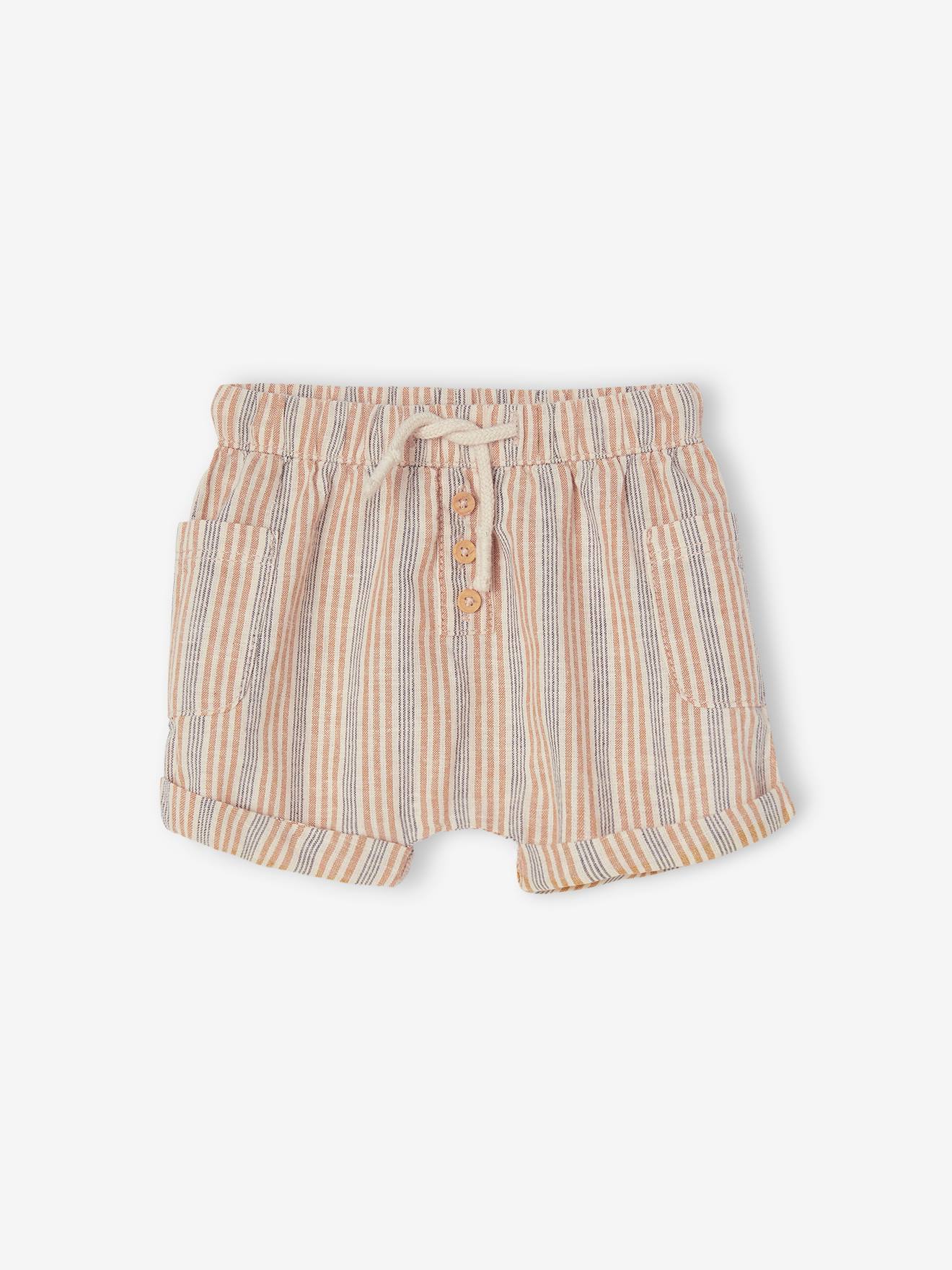 Short rayé bébé en coton et lin écru