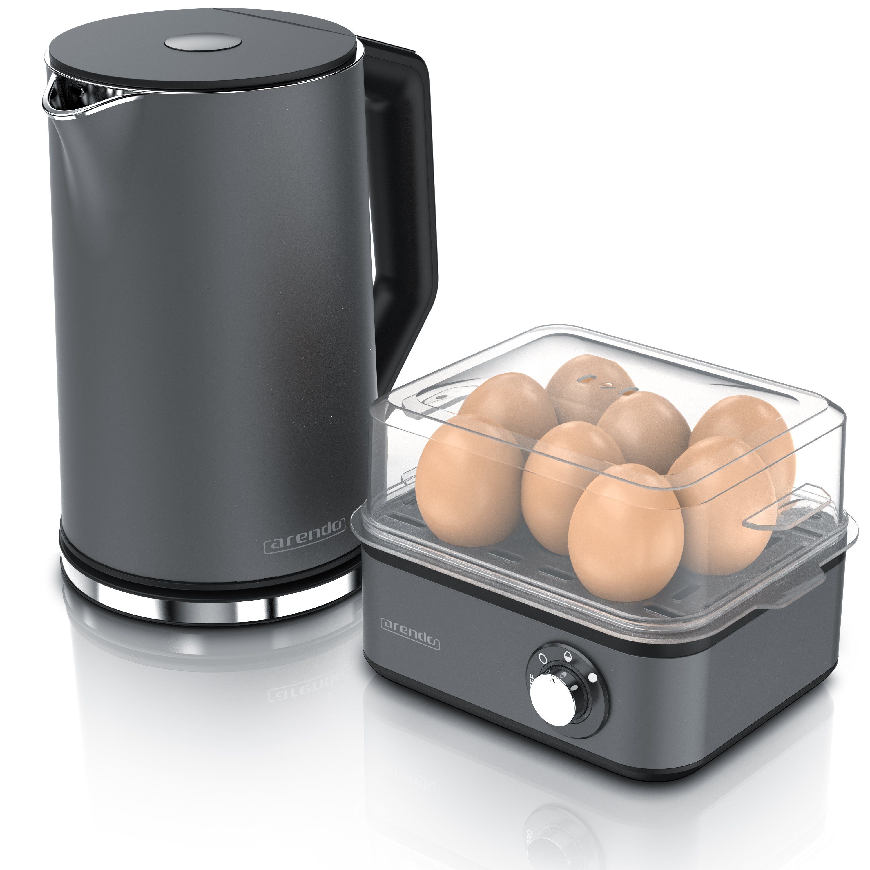 Arendo Frühstücks-Set (2-tlg), Wasserkocher 1,5l mit Temperaturwahl & Eierkocher, Edelstahl, Grau