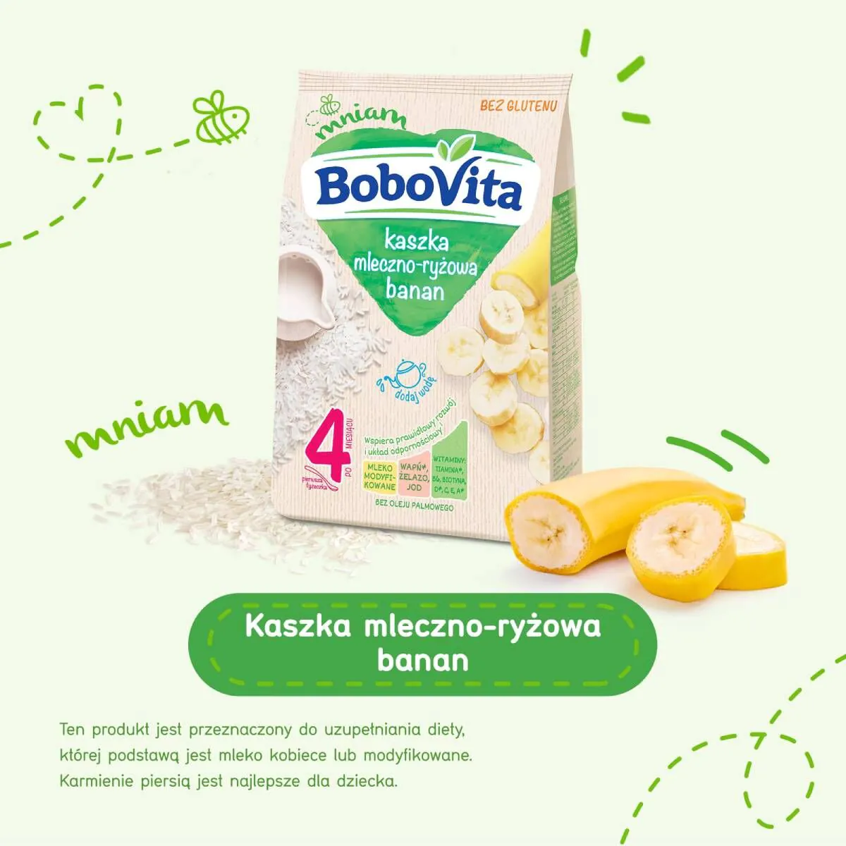 Bobovita pieno ir ryžių košė su bananais