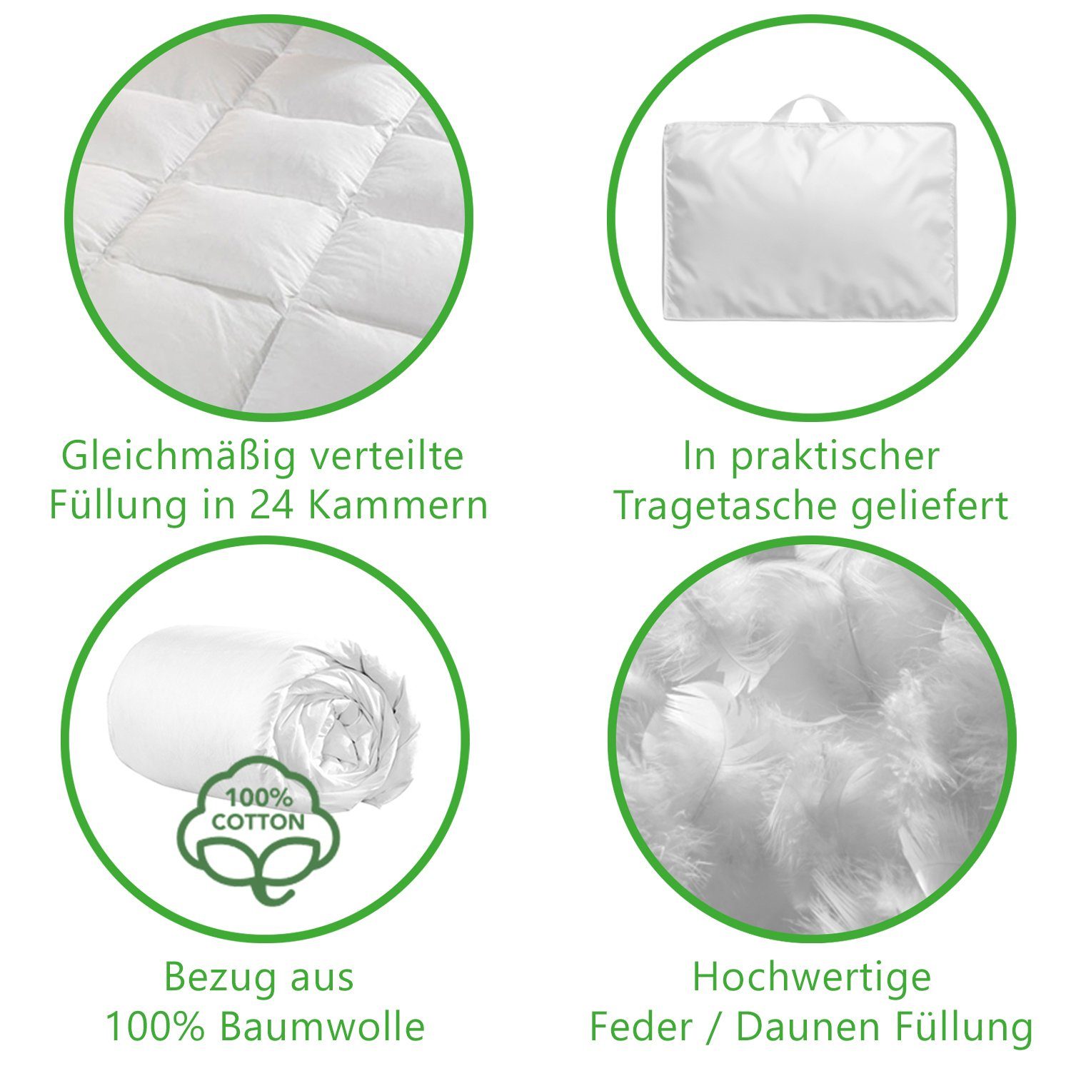 Feder-/Daunenbettdecke + Kopfkissen, Bettenset Comfort 4-Teilig 2x Bettdecke 135x200 & 2x Kopfkissen 80x80, DILUMA, Bettdecken Set mit Kopfkissen, MADE IN GERMANY