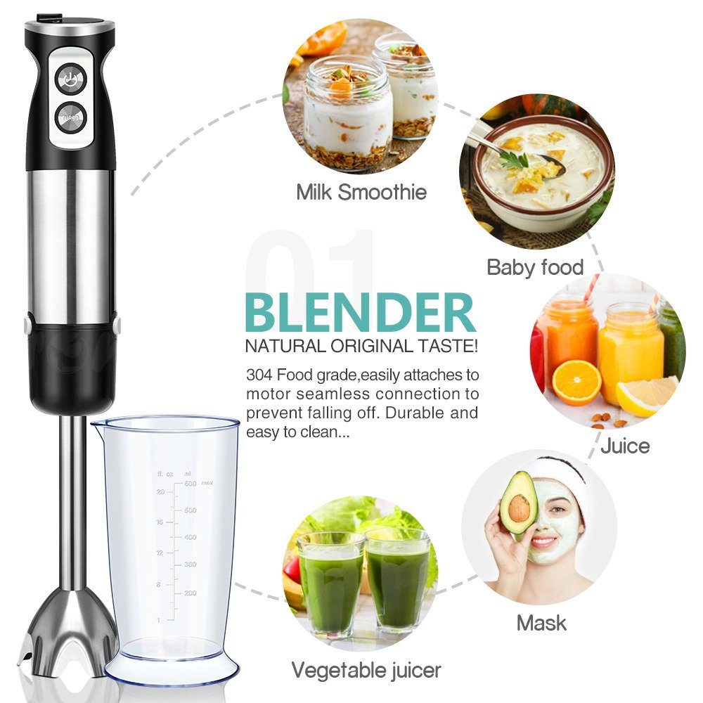 IBETTER Stabmixer, Stabmixer Edelstahl Set - 800-1000 W- Pürierstab - 12 Stufen, mit Schneebesen, Standmixer Aufsatz, Zerkleinerer, 600 ml Mixbecher