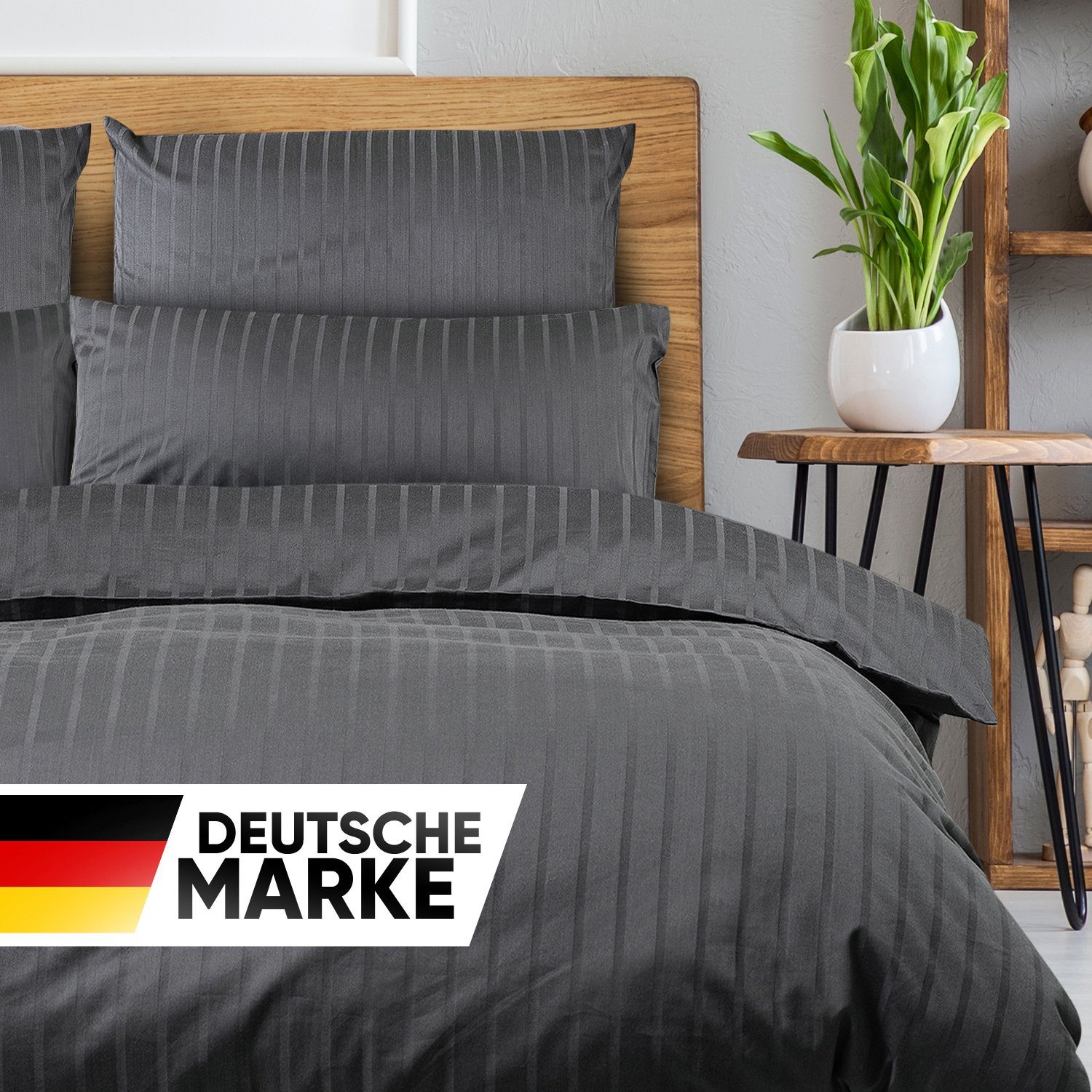 Bettwäsche Damast in Gr. 135x200 cm, 155x220cm, 200x200cm anthrazit, Slummer, Damast, 2 teilig, 100% Baumwolle, Kissenbezug 80x80cm, YKK- Reißverschluss