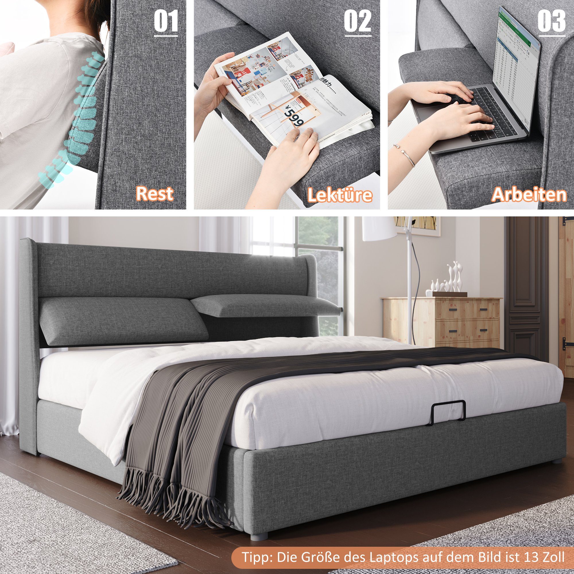 REDOM Polsterbett Doppelbett mit Verstellbare Kopfstützen (140x200 mit lattenrost(Ohne Matratze), Stauraumbetten Bettgestell aus Leinenmateria