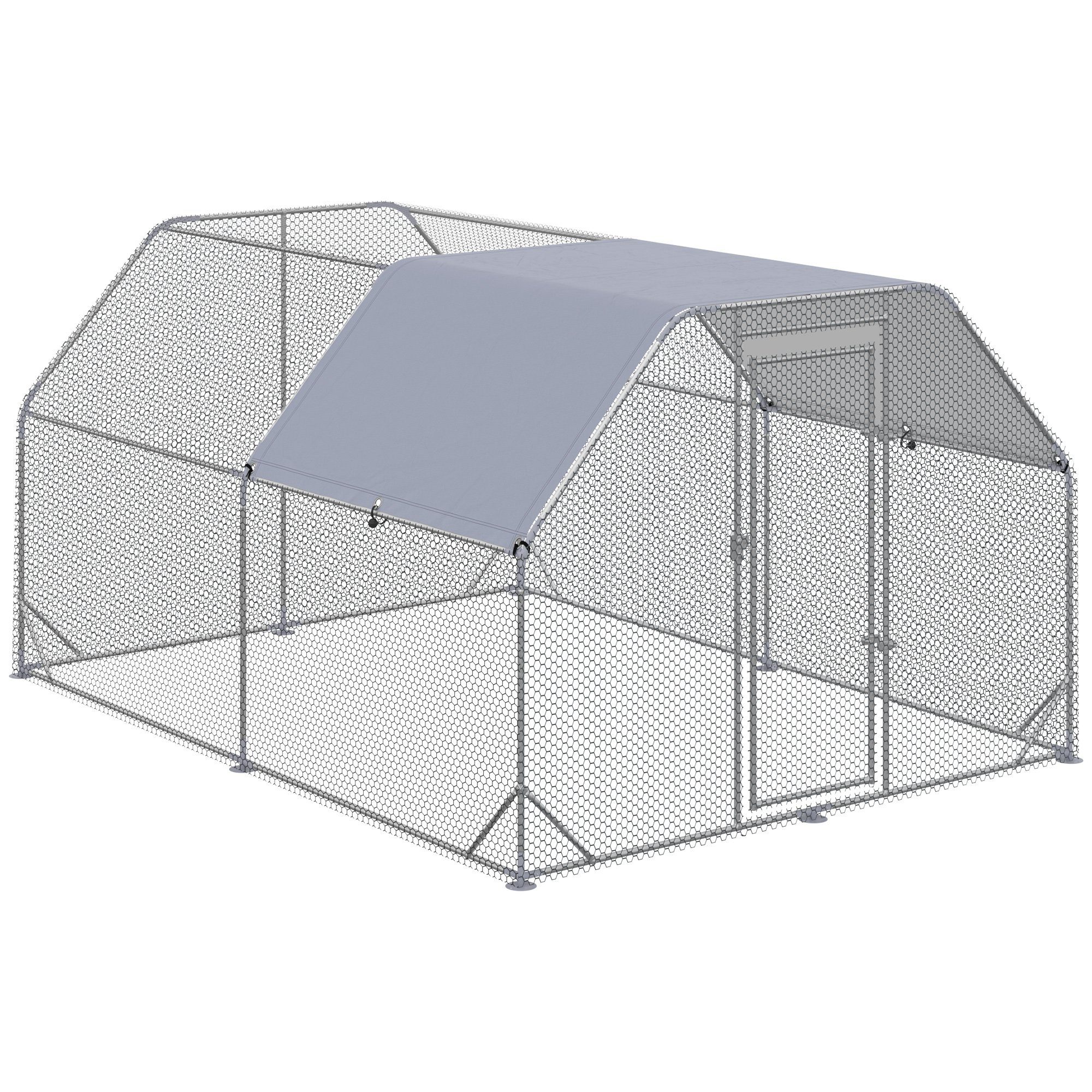 PawHut Hühnerstall 280x380x195cm Freilaufgehege, Hühnerkäfig mit Tür, Sonnenschutzdach, Geflügelstall für 10-12 Hühner, Oxford, Silber