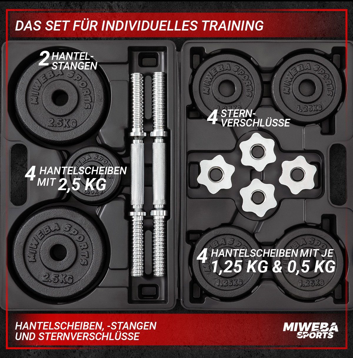 Miweba Sports Hantel-Set Profi Hantel Set MKH120 inkl. Transportkoffer - 20 kg, (Sternverschlüsse - Hantelstangen - Gusseisen & Stahl - rutschfest - Muskelaufbau - Sport - Workout, 2 x 10 kg, 12 Hantelscheiben), 19 teilig - Fitness Training Krafttrai