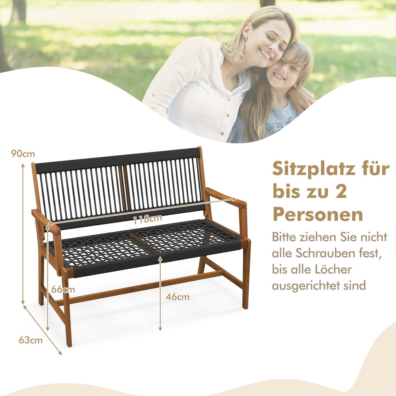 COSTWAY Gartenbank, 2 Sitzer, Akazienholz, bis 320kg, 118x63x90cm
