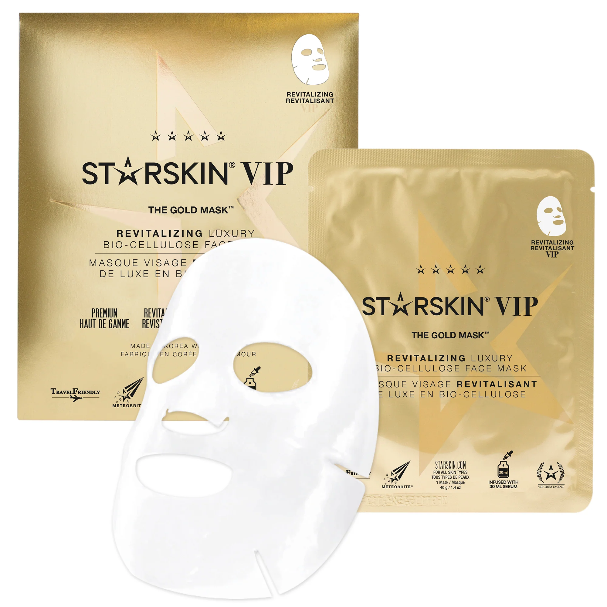 VIP VIP THE GOLD MASK™ Máscara Facial Revitalizante de Luxo em Biocelulose - Máscara facial antienvelhecimento