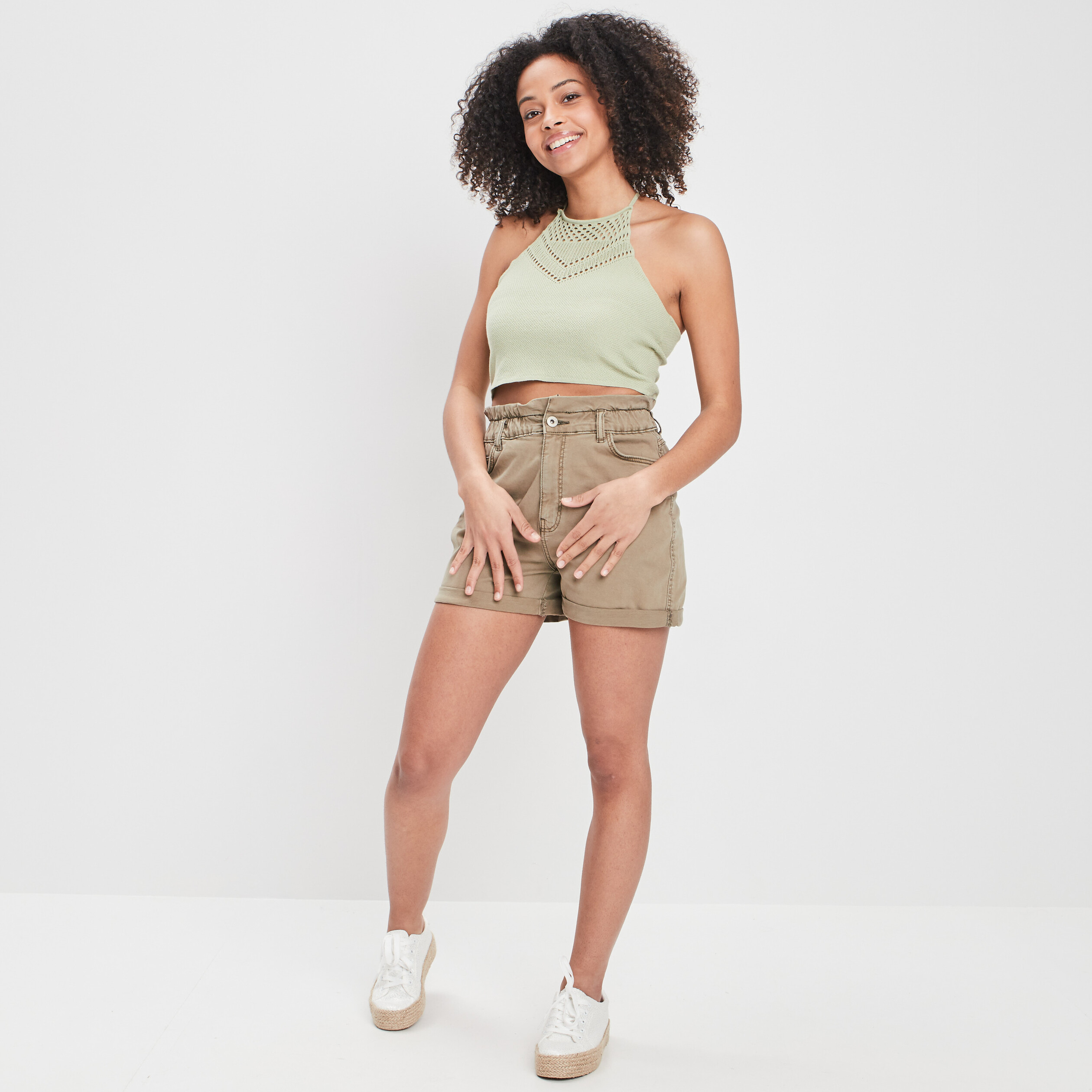 Short droit taille haute élastiquée vert kaki femme | La Halle