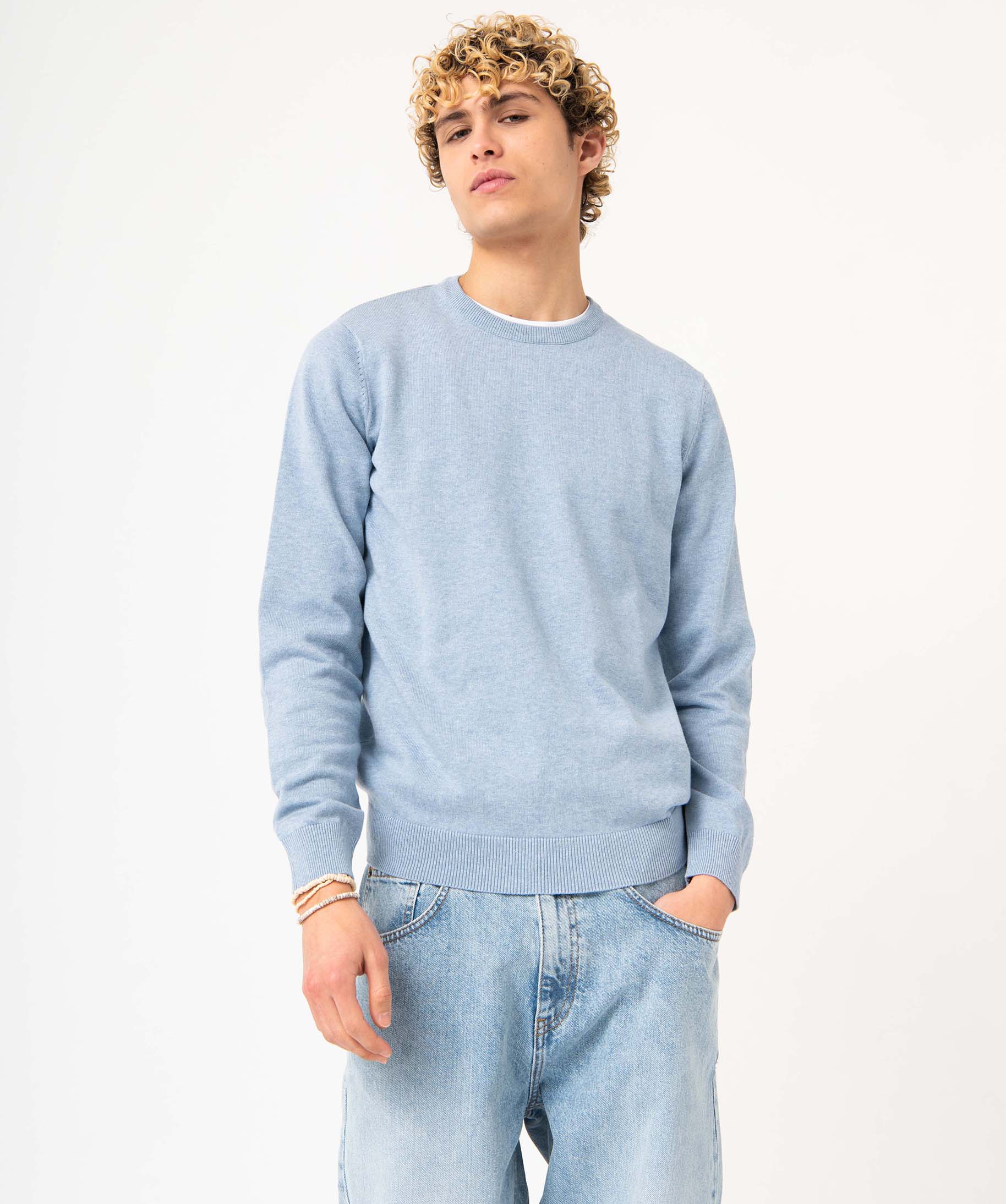 Pull homme à col rond en coton bleu | GEMO