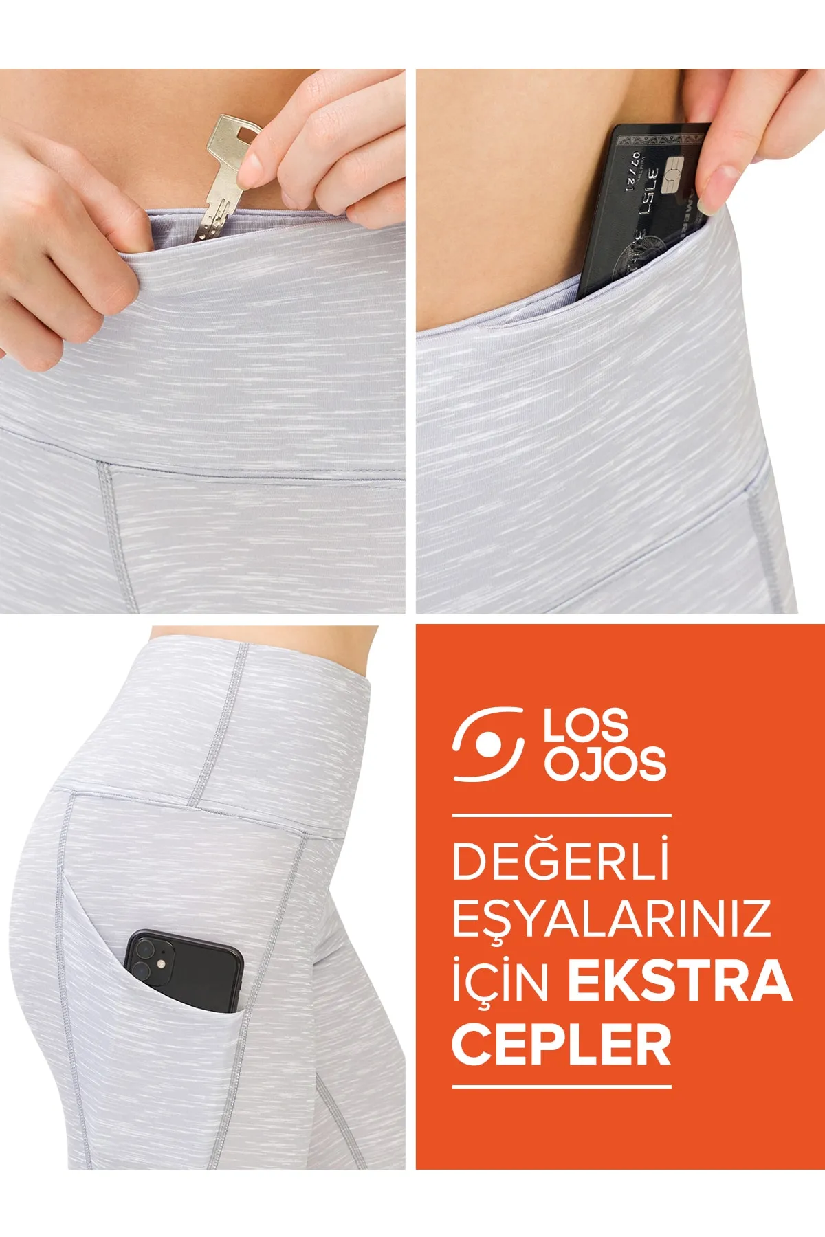 LOS OJOS  Damen-Sportstrumpfhose in Melange-Grau mit hoher Taille und doppelter Tasche