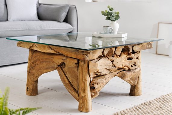 riess-ambiente Couchtisch RIVERSIDE 80cm transparent / braun (Einzelartikel, 1-St), Wohnzimmer · Massivholz · Sicherheitsglas · Handarbeit · Maritim