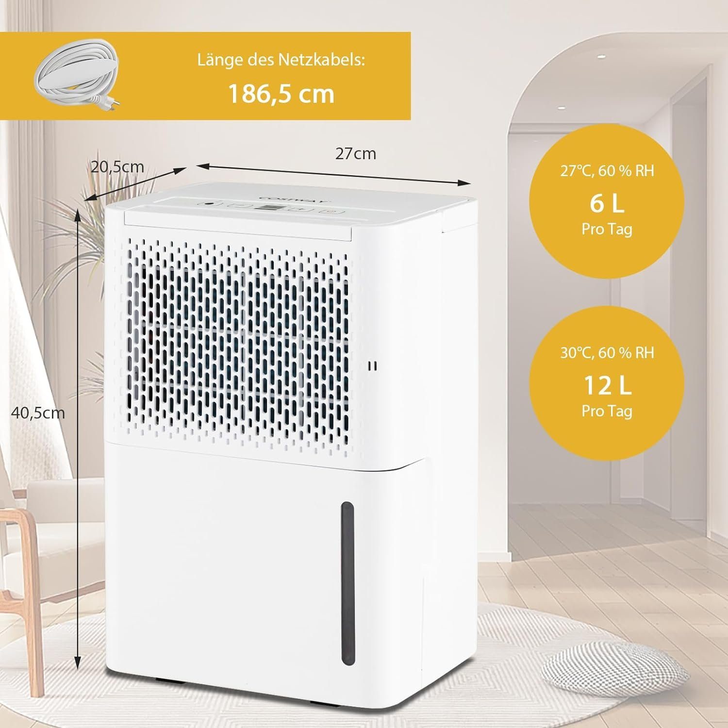 KOMFOTTEU Luftentfeuchter, Entfeuchtung 12,00 l/Tag, Tank 2,20 l, mit 3 Modus & 24-Stunden-Timer