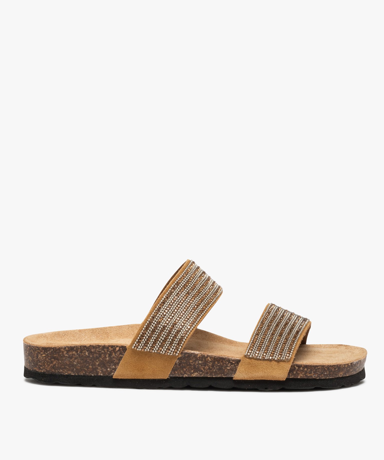 Mules femme plates à semelle liège et brides strass camel | GEMO