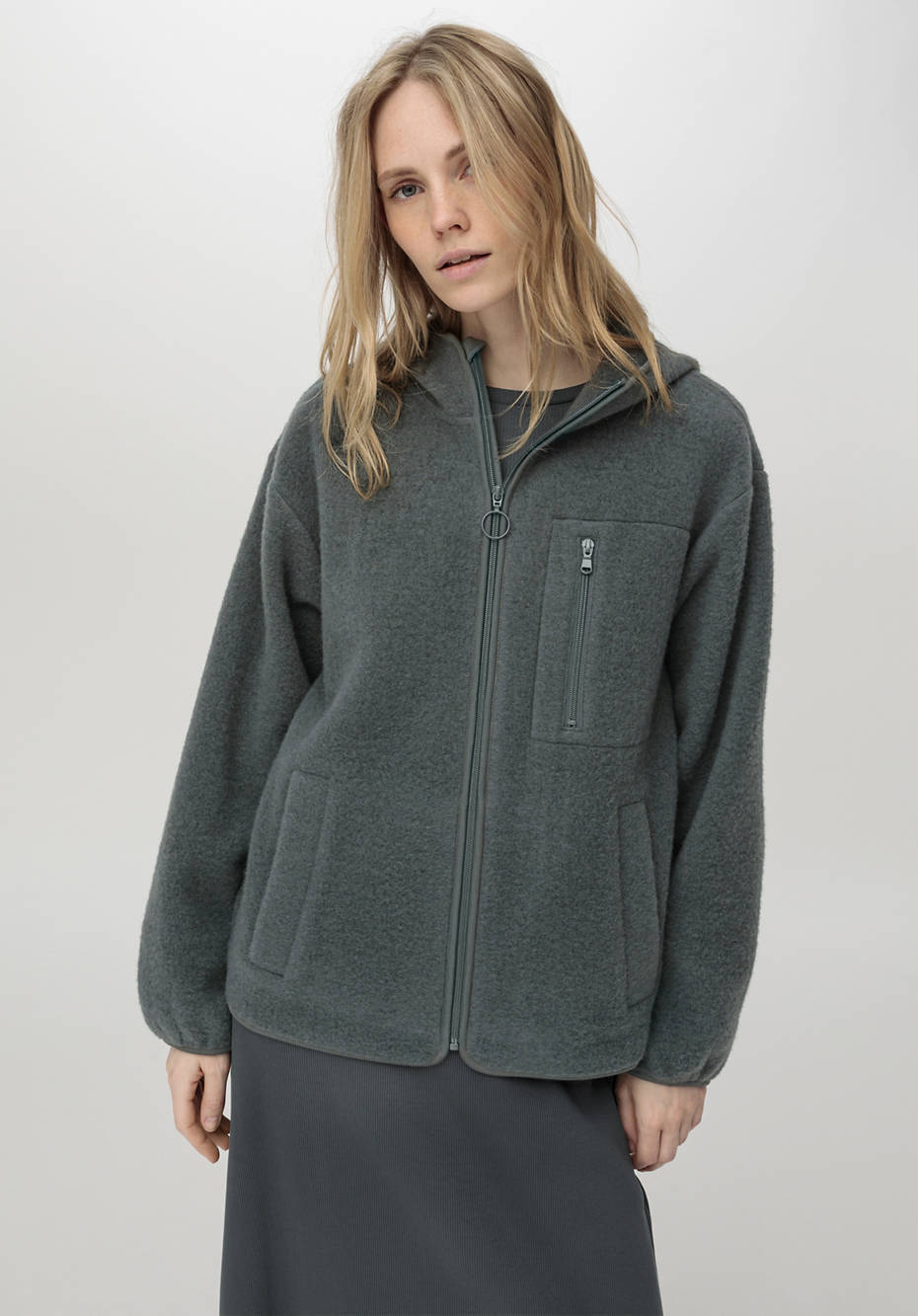 Wollfleece Jacke mit Kapuze aus reiner Bio-Merinowolle