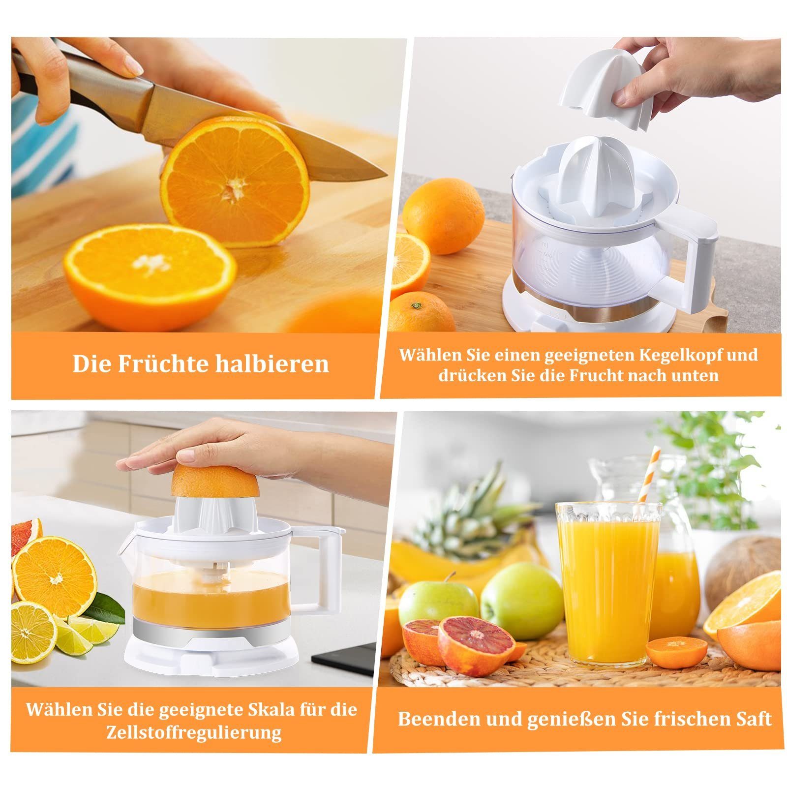 HOMELUX Zitruspresse elektrisch 500ml Entsafter mit 2 Kegel Saftpresse Orangenpresse, 45,00 W, einstellbares Fruchtfleisch Hohe Entsaftungsrate Zitronenpresse
