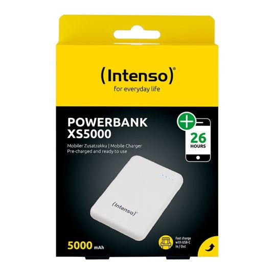 Batería externa INTENSO de 5000 mAh, color blanco.