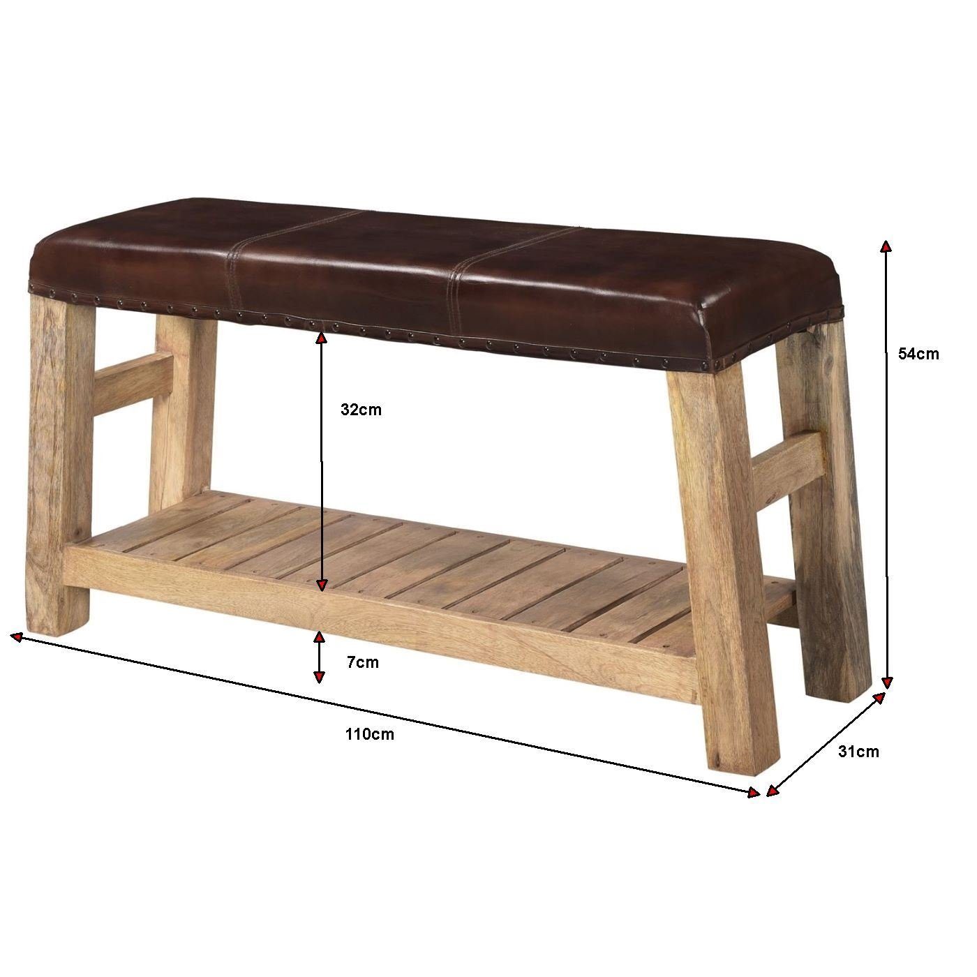 baario Gartenbank Sitzbank KULA Leder, braun Hocker massiv Mangoholz Vintage Flurbank