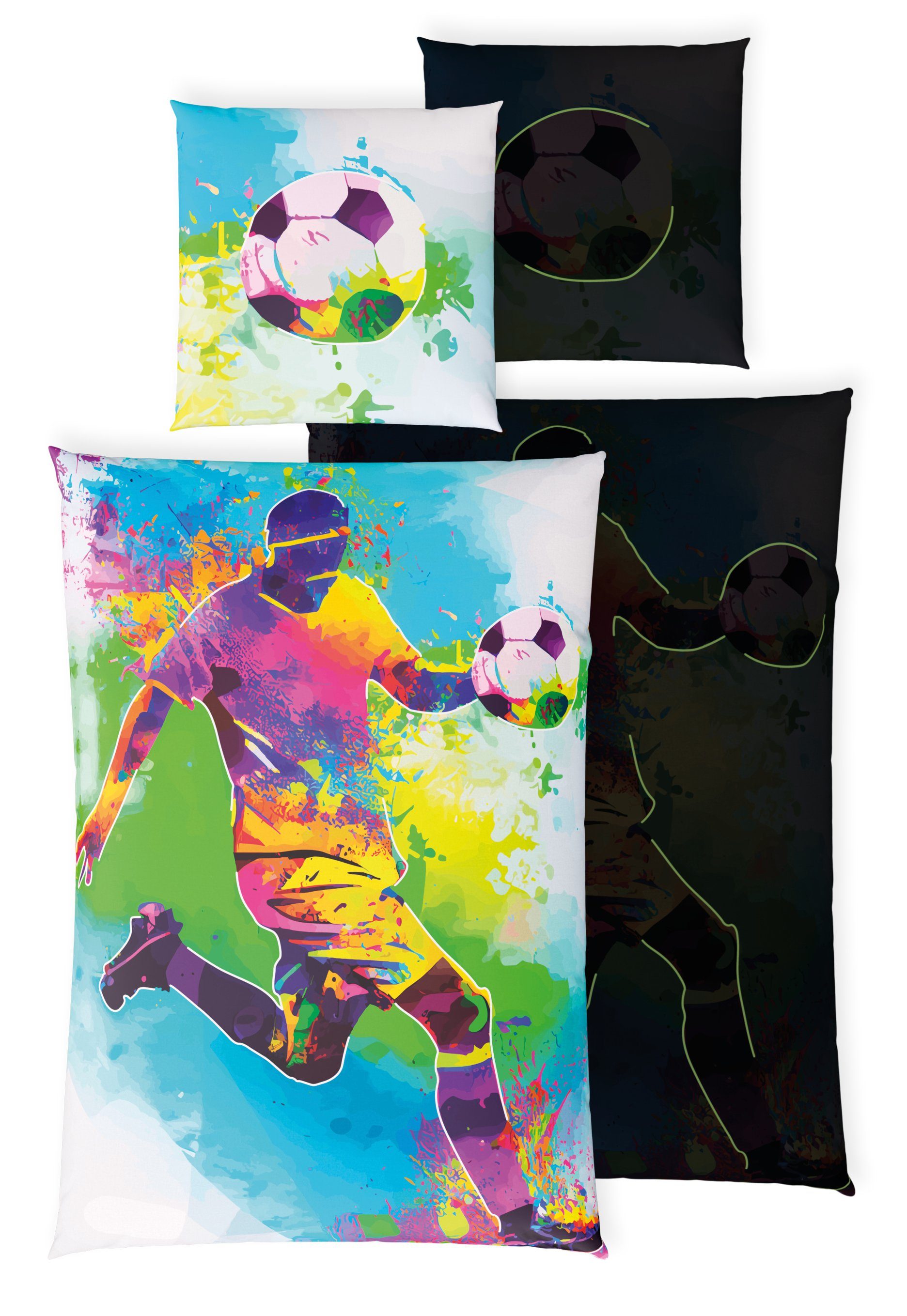 Kinderbettwäsche Leuchtende Fußball Bettwäsche 135x200 Kinder Bettbezug Set + 10 SPIELE, Carpe Sonno, Baumwolle, 2 teilig, GLOW IN THE DARK Fußballer Bettwäsche Fussball