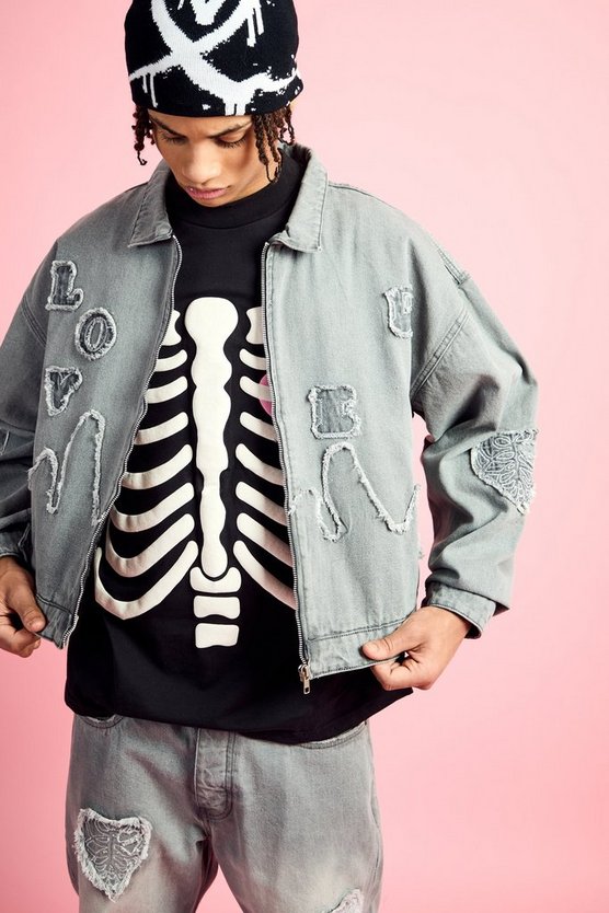 Kastige hellgraue Denim-Bomberjacke mit Herz-Applikation