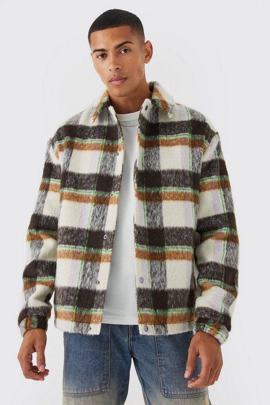 Karierte Oversize Harrington-Jacke in Wolloptik