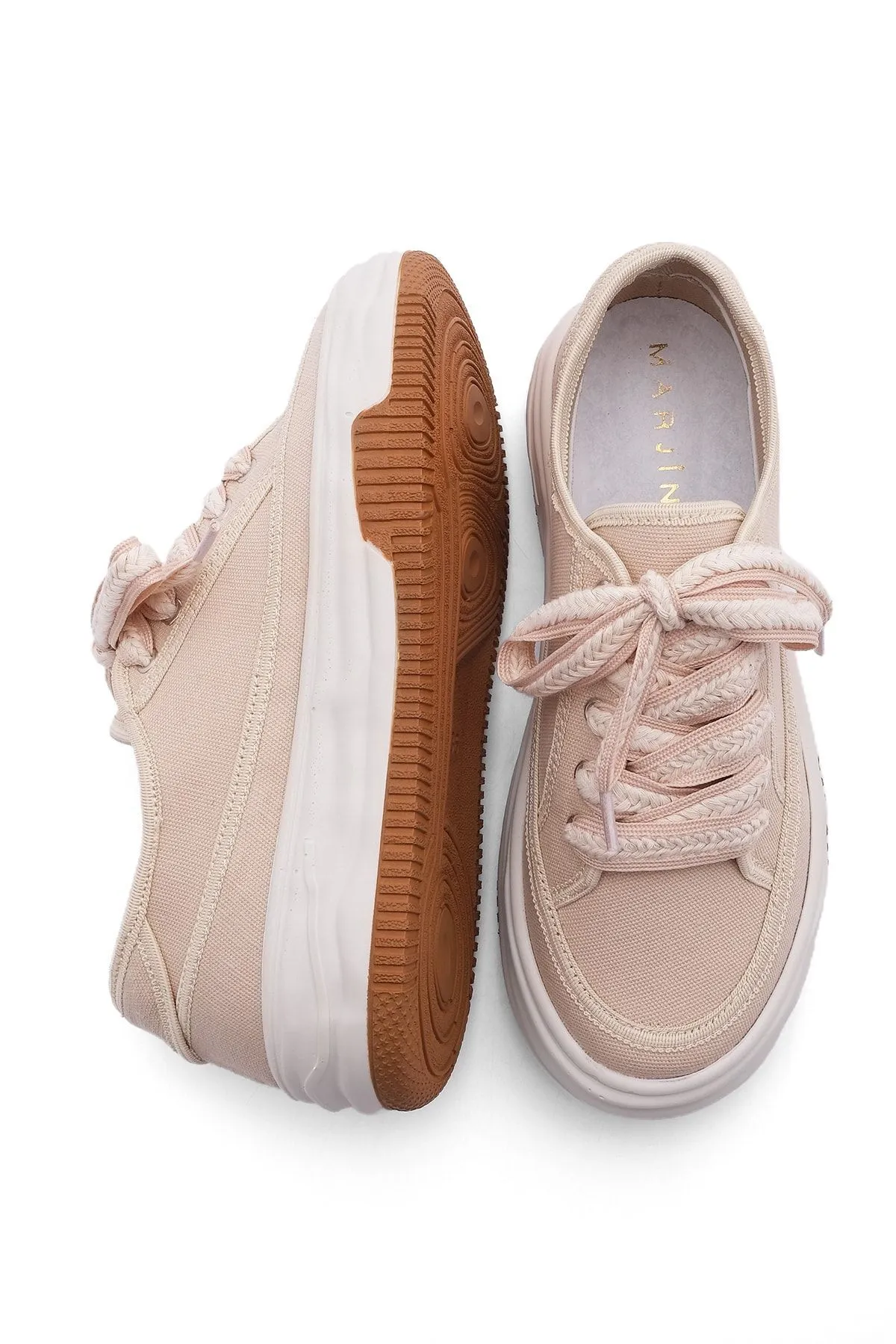 Marjin  Damen-Sneaker, hohe Sohle, Schnür-Sportschuhe aus Stoff, Kotnel beige