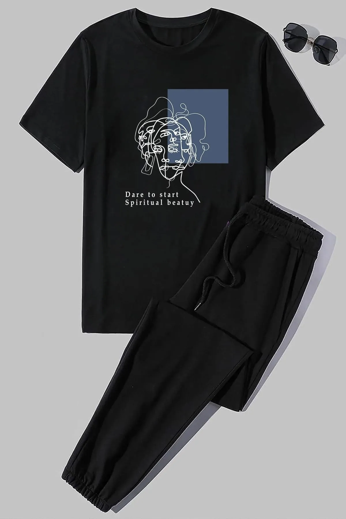 uyguntarz  Zweiteiliges Unisex-Trainingsanzug-Set mit Minimal-Strichzeichnung-Aufdruck