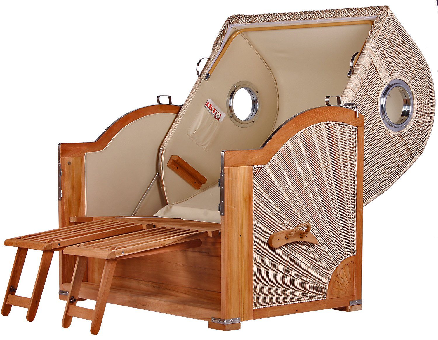 bene living Strandkorb Königssee 2,5-Sitzer Teak - PE shell - Modell 504, BxTxH: 142x95x170 cm, Volllieger ca. 175 Grad, Ostsee-Strandkorb, inkl. Liftersystem und Bullaugen